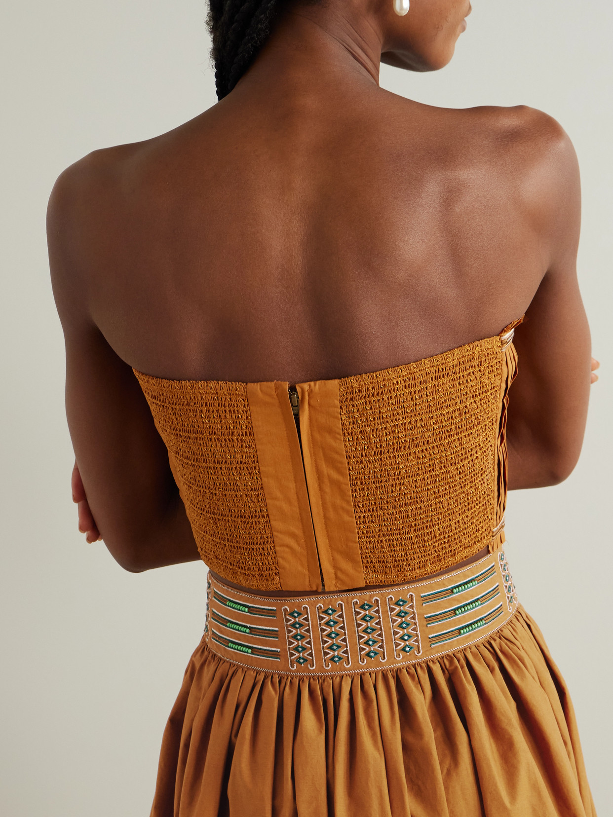 Emporio Sirenuse Flavia Strapless Cropped Embroidered Cotton Top In Orange
