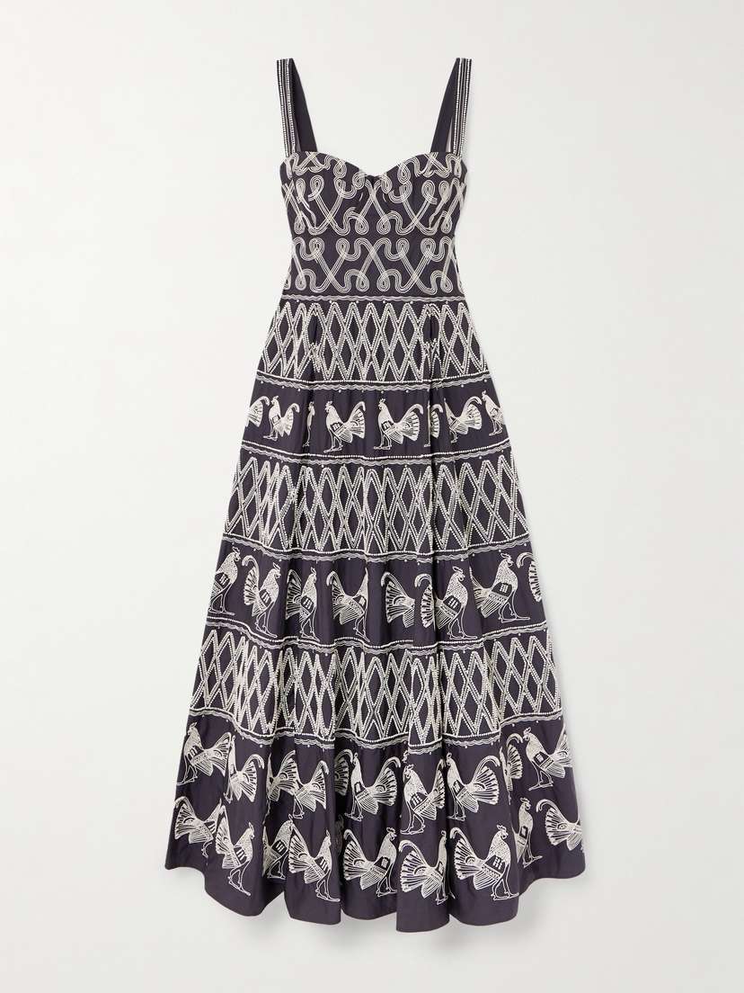 Emporio Sirenuse Elida Bead-embellished Embroidered Cotton-blend Poplin Midi Dress