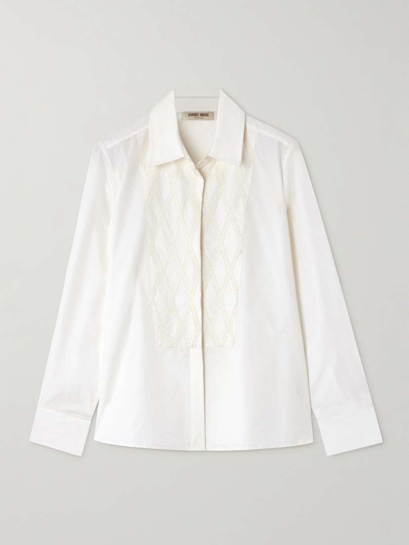 Emporio Sirenuse Cassandra Bead-embellished Embroidered Cotton-blend Poplin Shirt