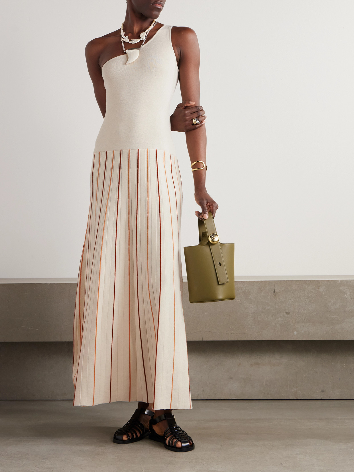 Escvdo Manglar One-shoulder Striped Organic Cotton Maxi Dress In Ivory