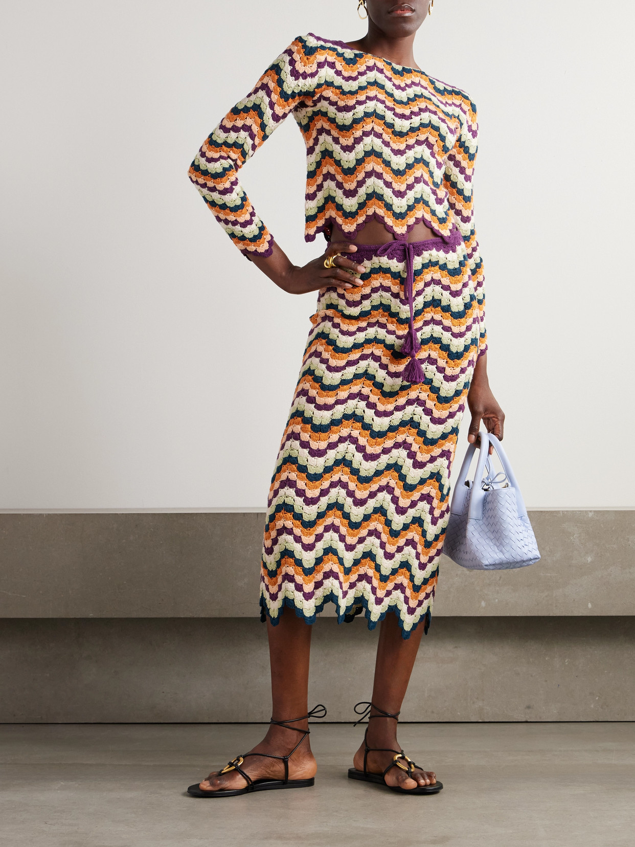Escvdo Safi Pesca Scalloped Striped Crocheted Organic Cotton Top In Multi