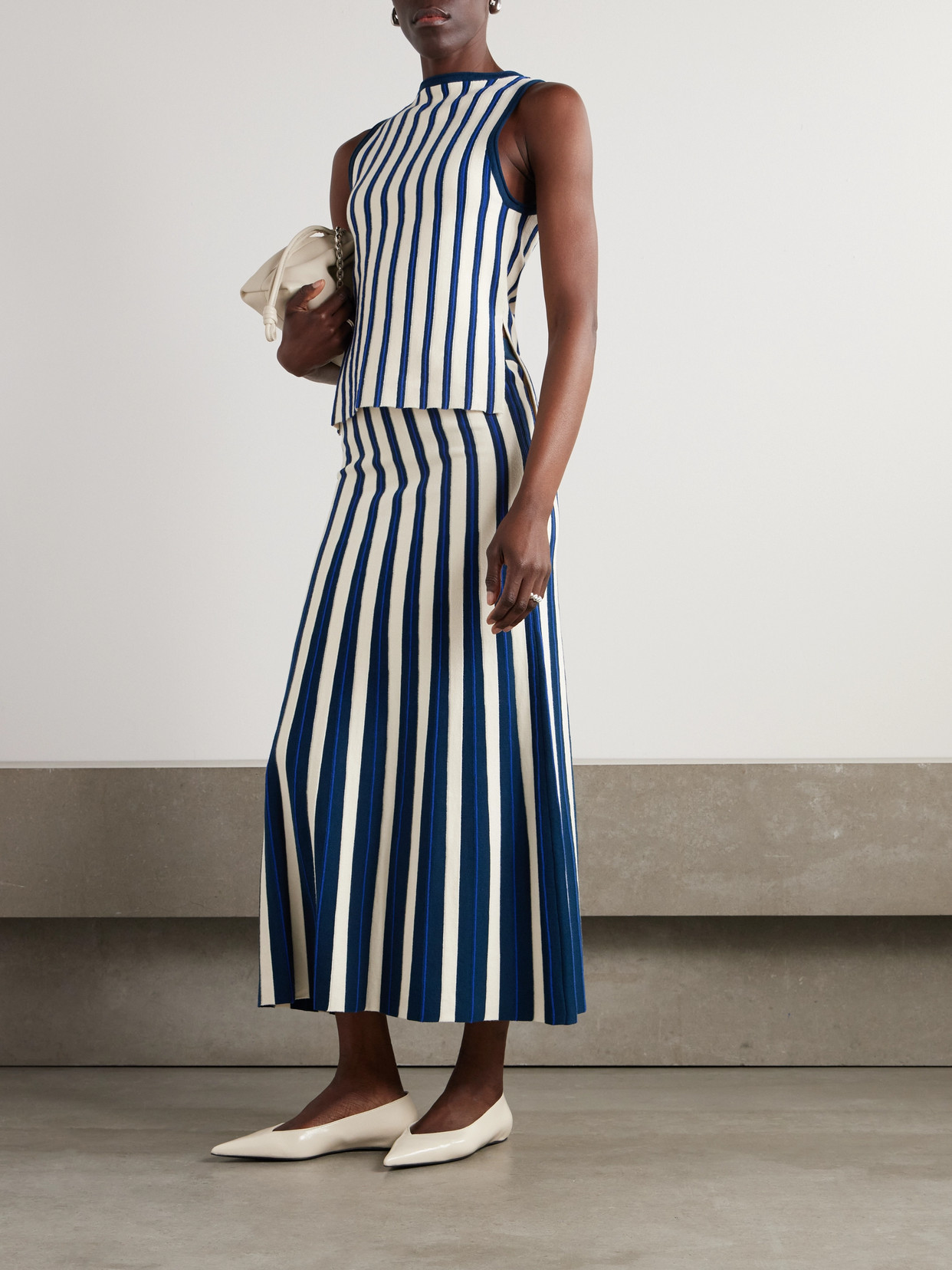 Escvdo Manglar Striped Knitted Organic Cotton Midi Skirt In Blue