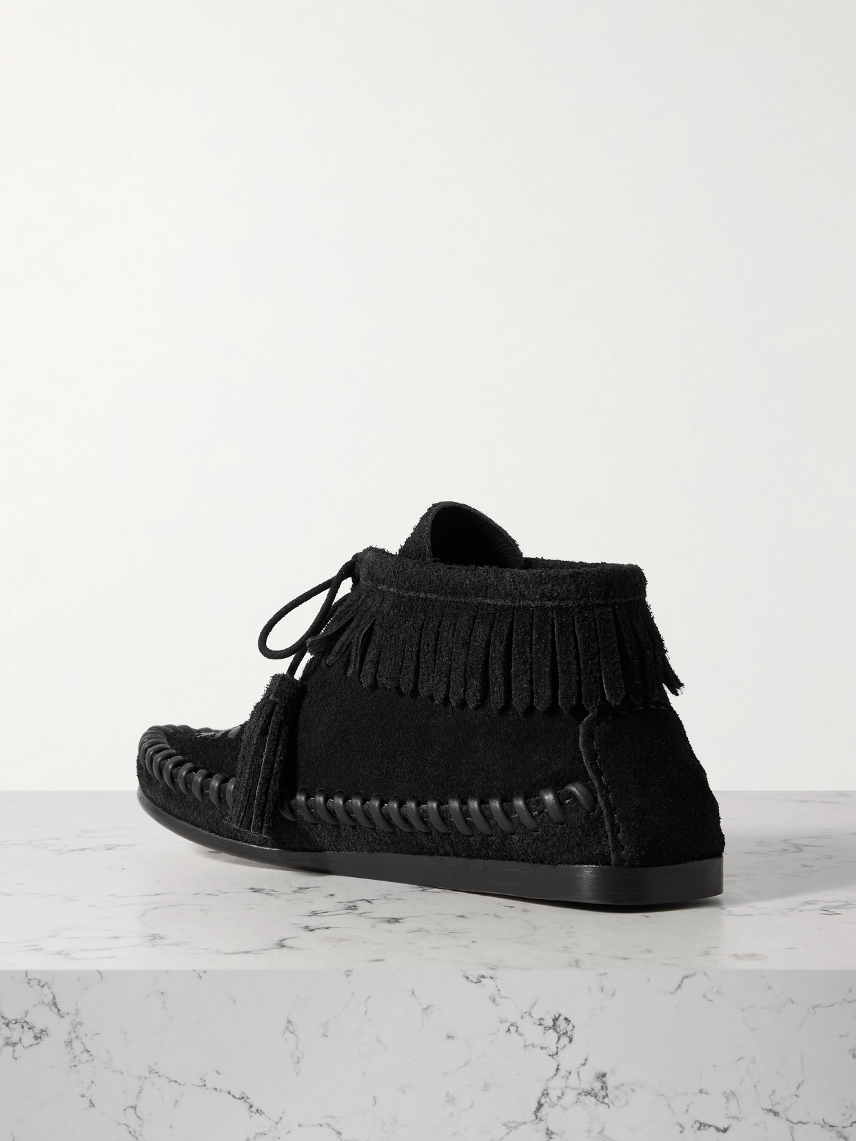 ISABEL MARANT FELSA FRINGED TASSELED LEATHER-TRIMMED SUEDE ANKLE BOOTS
