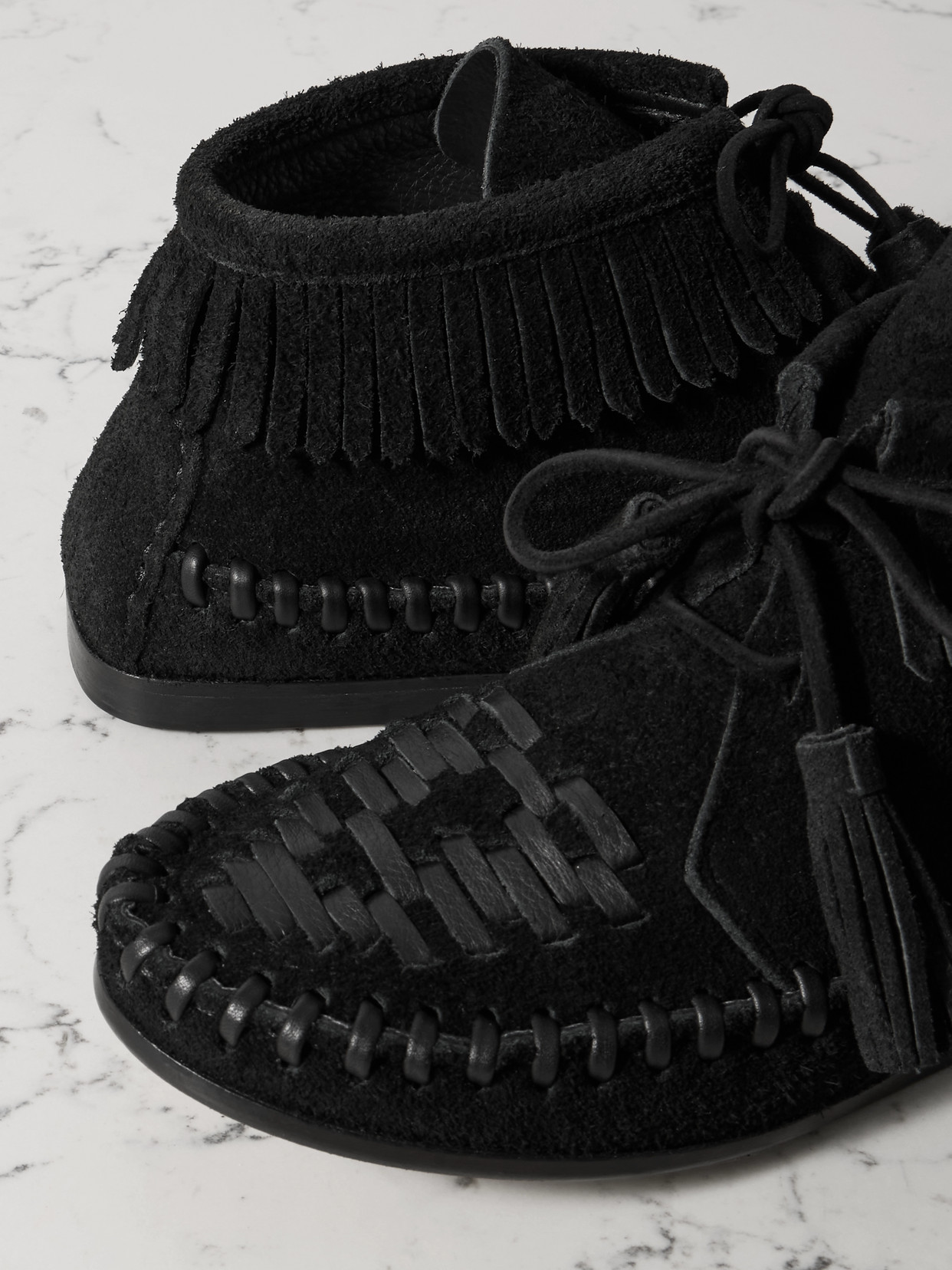 ISABEL MARANT FELSA FRINGED TASSELED LEATHER-TRIMMED SUEDE ANKLE BOOTS