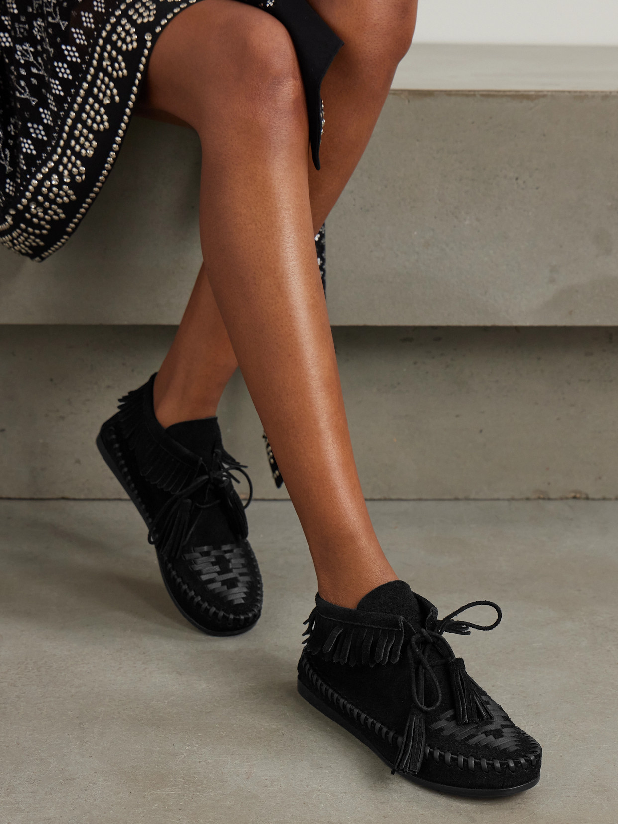 ISABEL MARANT FELSA FRINGED TASSELED LEATHER-TRIMMED SUEDE ANKLE BOOTS