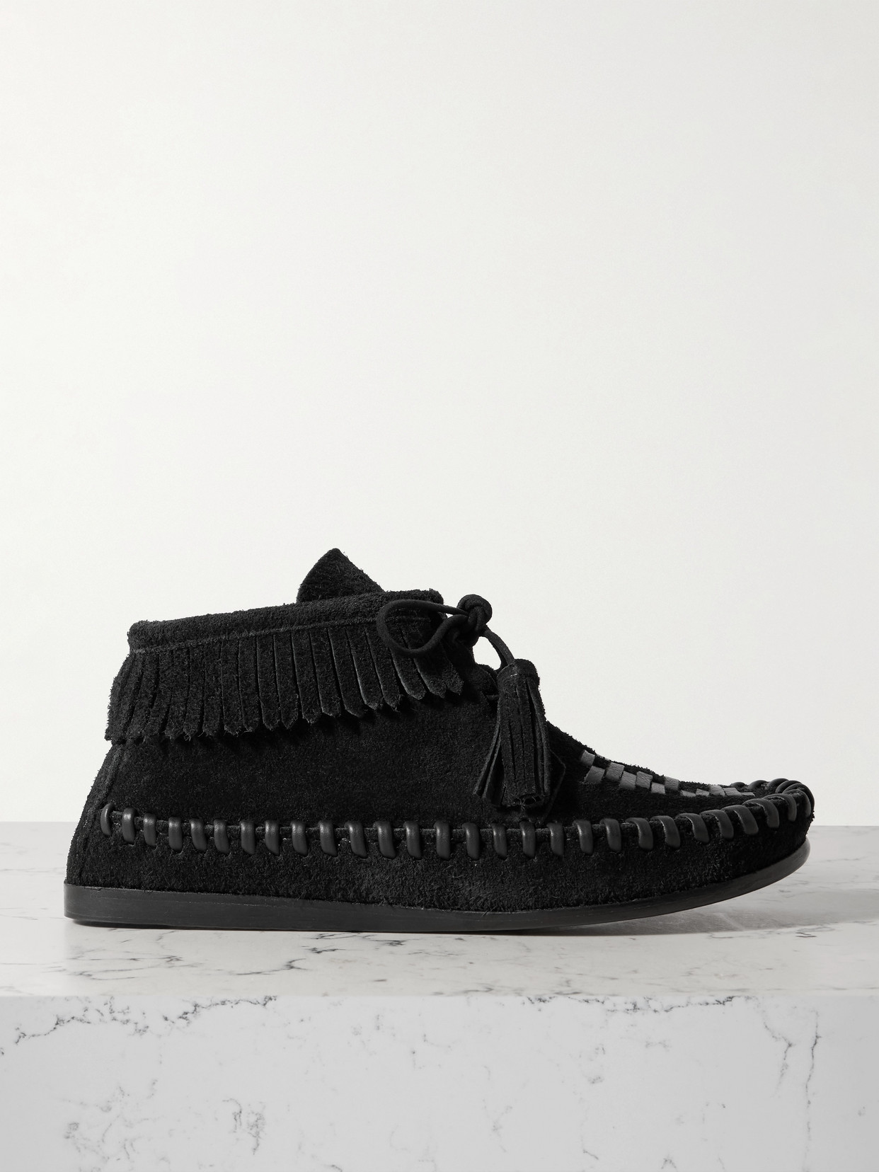 ISABEL MARANT FELSA FRINGED TASSELED LEATHER-TRIMMED SUEDE ANKLE BOOTS