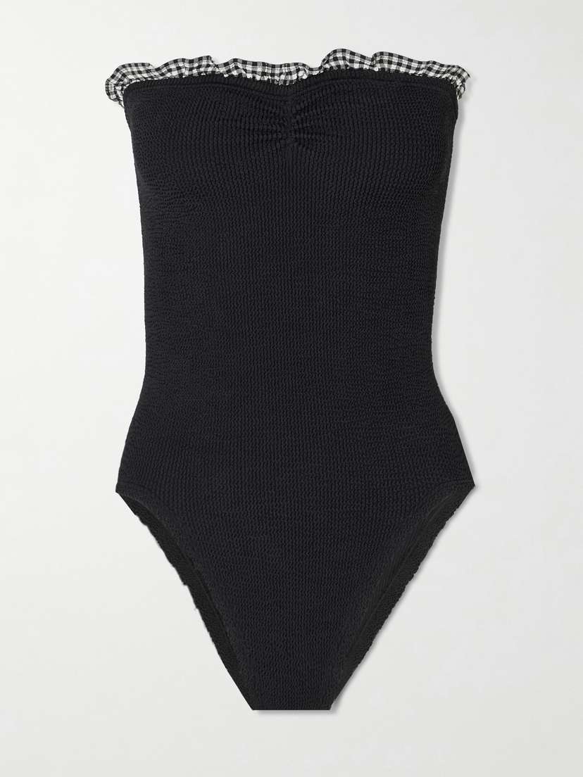 Hunza G Dolly Strapless Ruffled Gingham-trimmed Seersucker Swimsuit