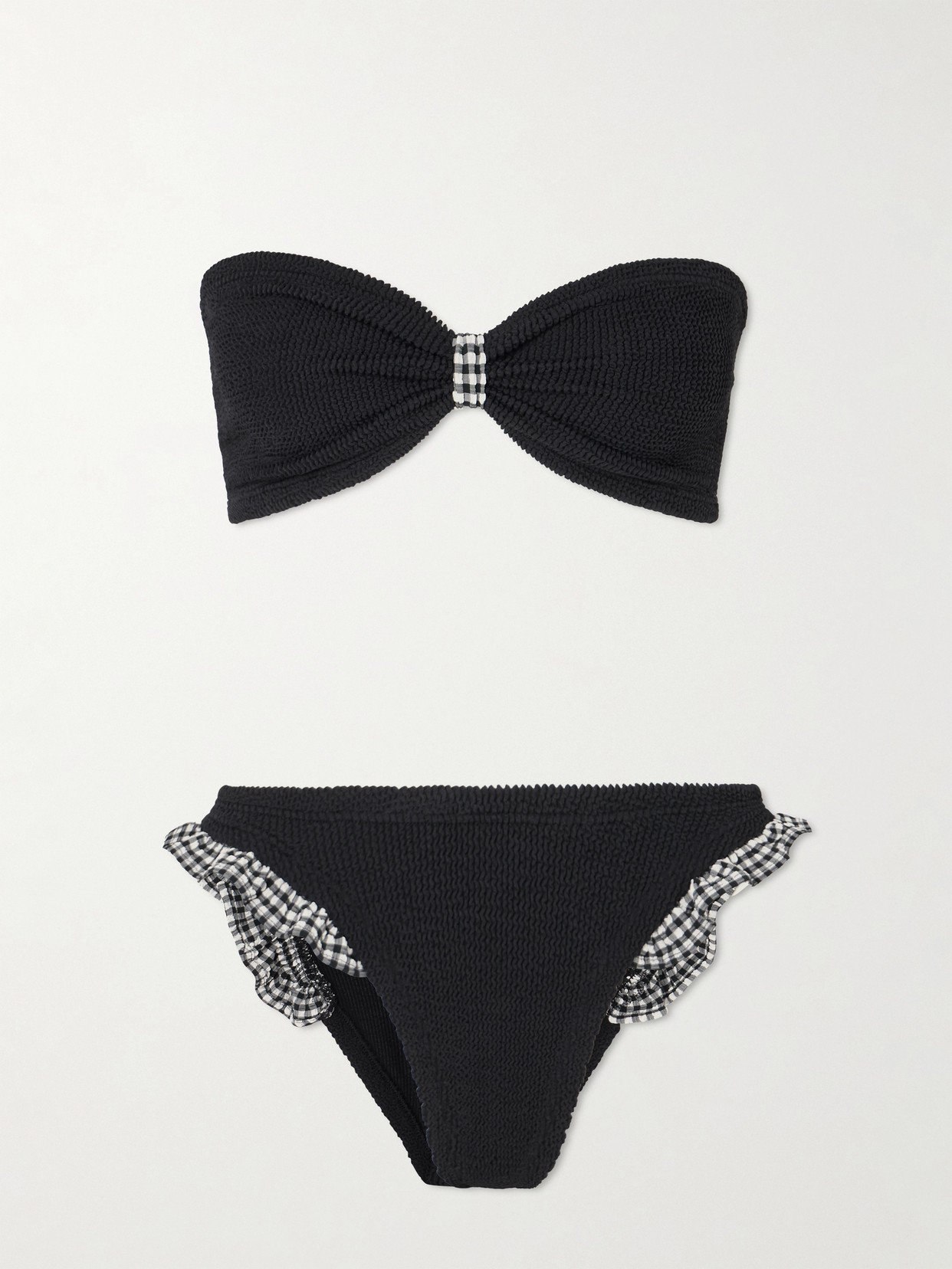 Hunza G Jean Ruffled Gingham-trimmed Seersucker Bandeau Bikini In Black