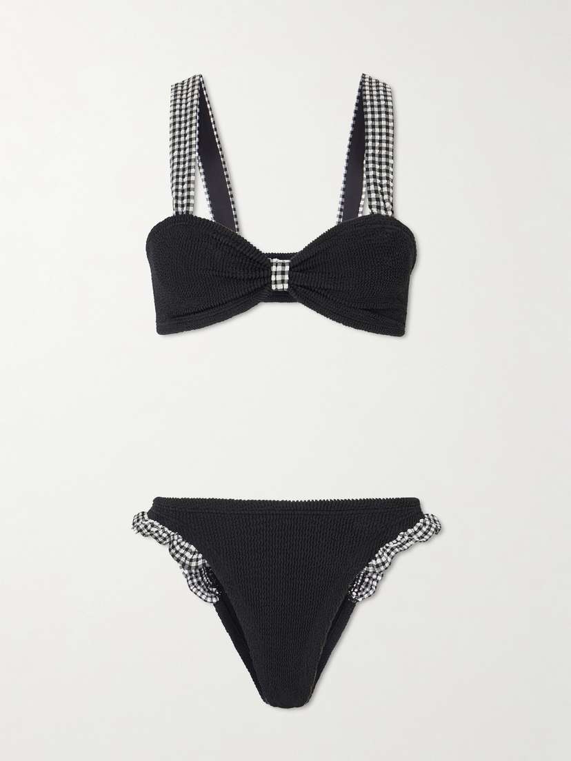 Hunza G Loretta Ruffled Gingham-trimmed Seersucker Bikini