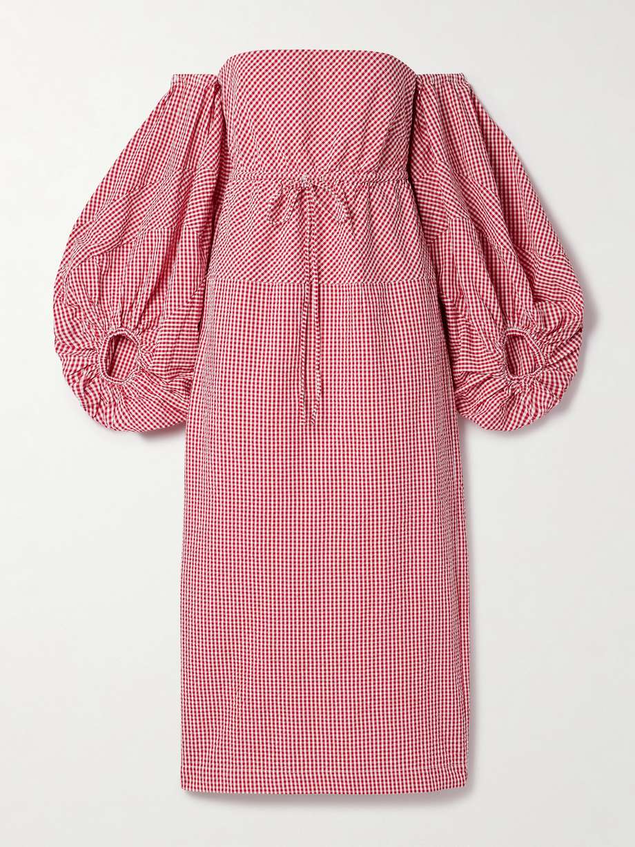 off-the-shoulder gingham cotton-seersucker midi dress