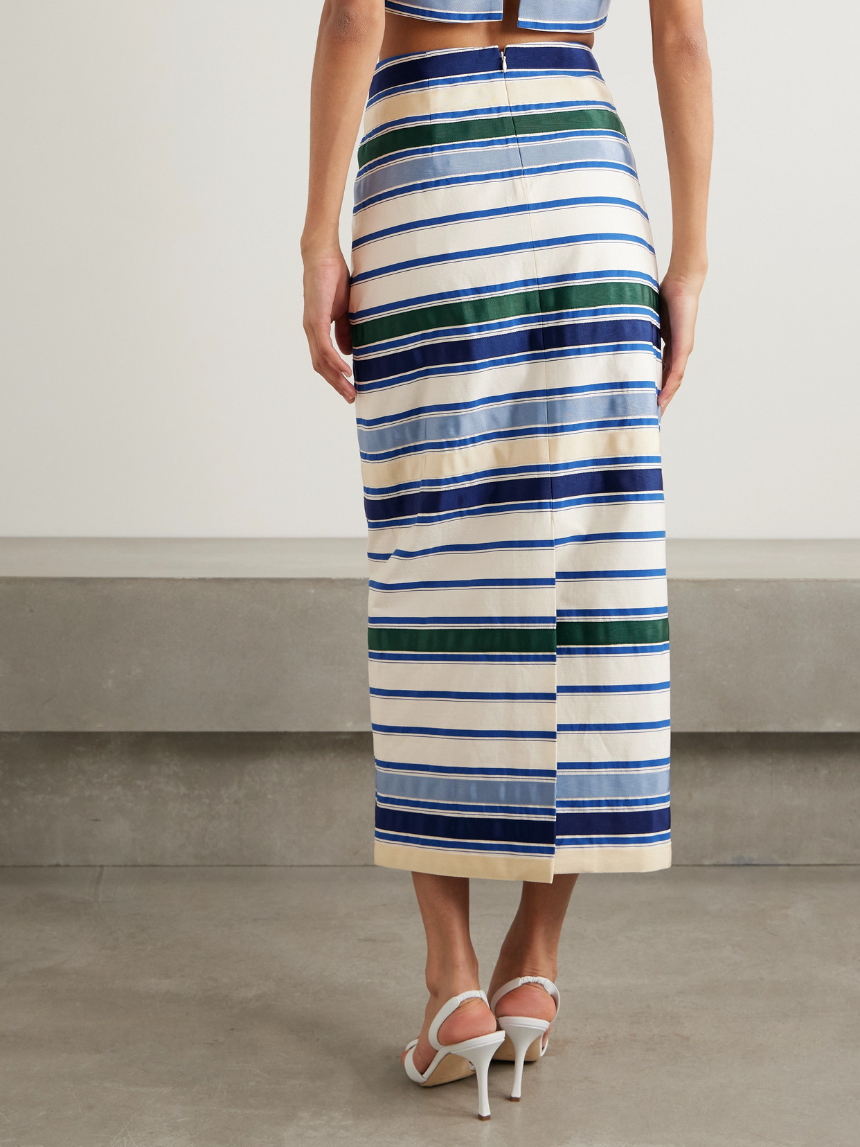 Rosie Assoulin Ribbon Grosgrain-trimmed Striped Herringbone Cotton-blend Midi Skirt