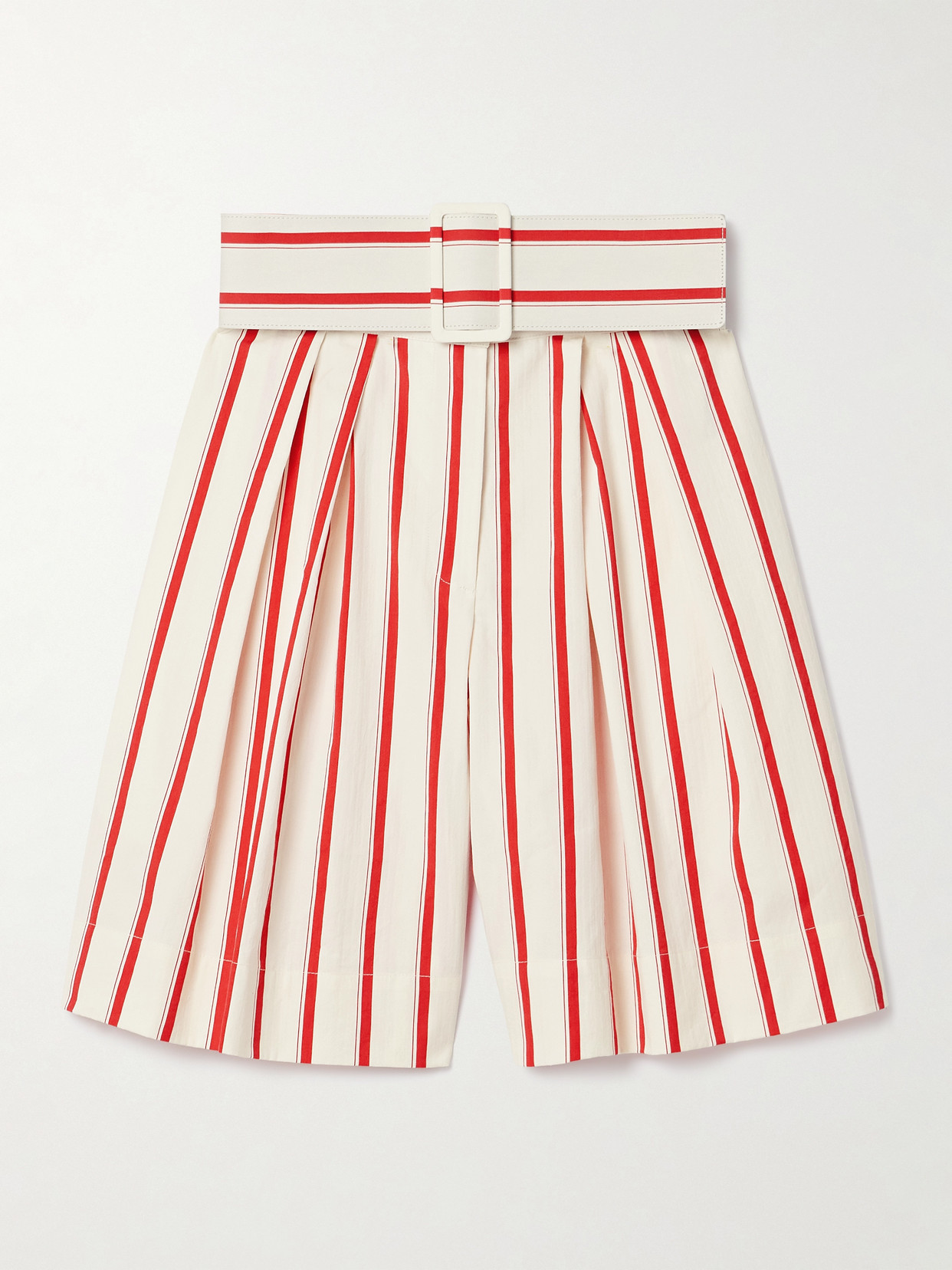 Rosie Assoulin Belted Pleated Striped Herringbone Cotton-blend Shorts