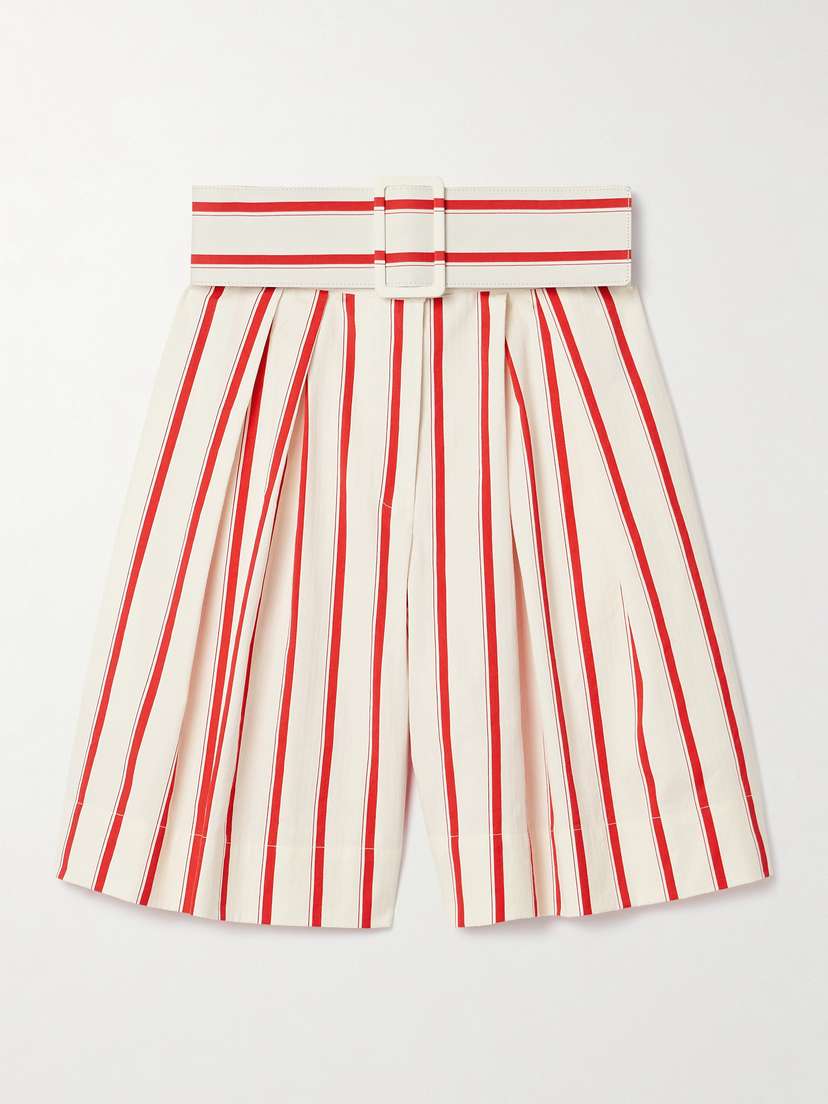 Rosie Assoulin Belted Pleated Striped Herringbone Cotton-blend Shorts