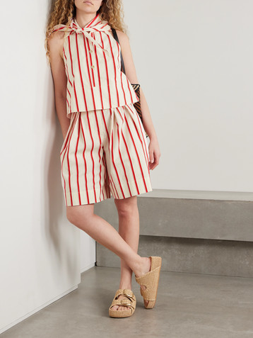 Rosie Assoulin Belted pleated striped herringbone cotton-blend shorts