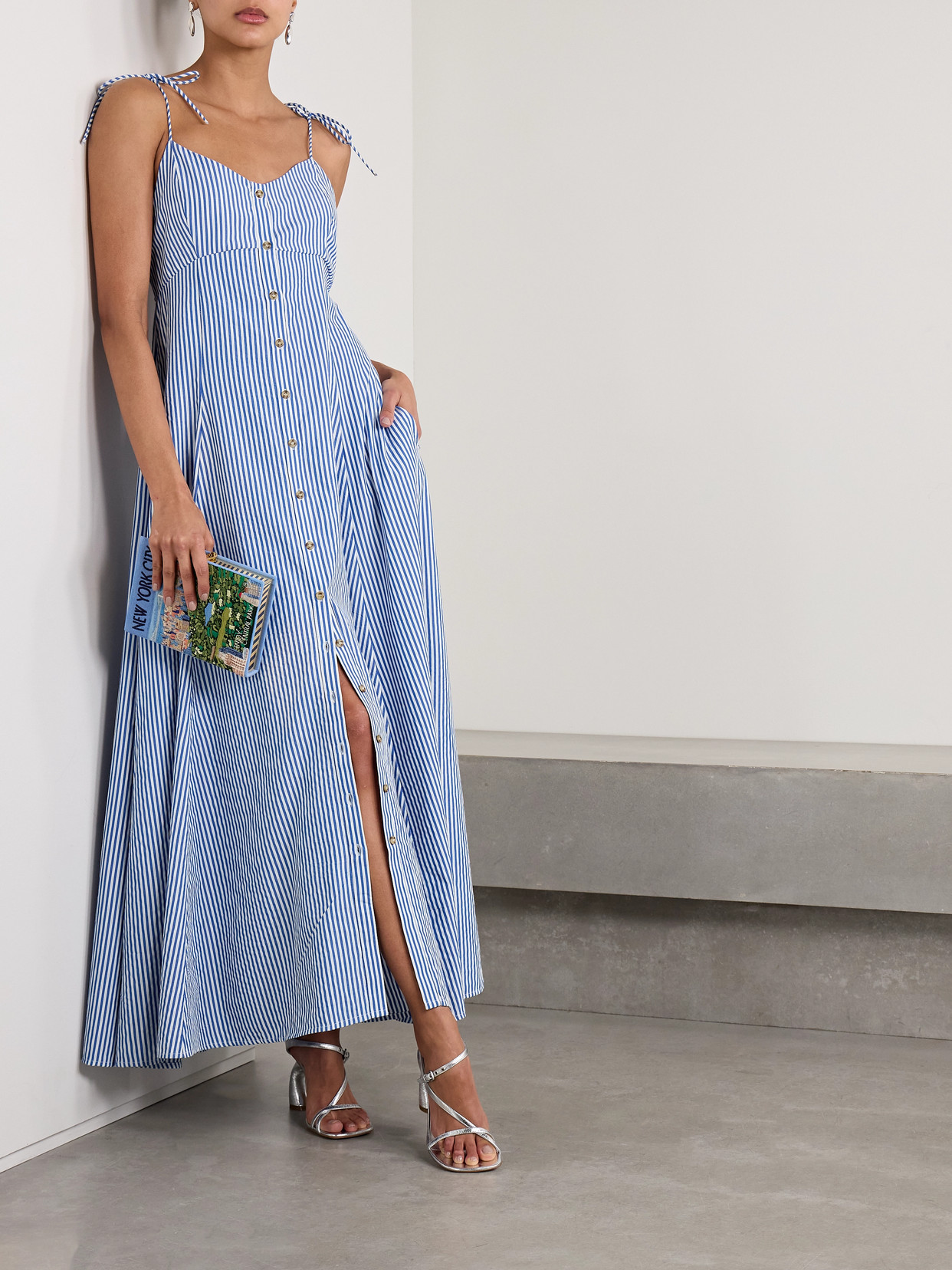 Rosie Assoulin High Garden Pleated Striped Poplin Maxi Dress In Blue