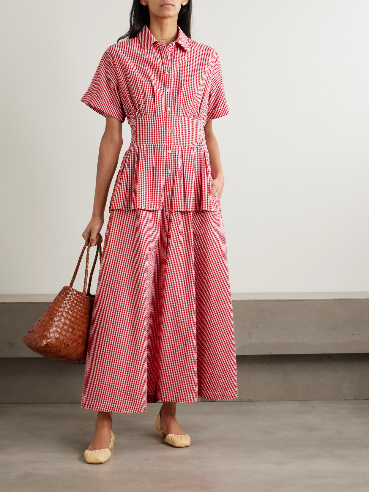 Shop Rosie Assoulin Boogie Woogie Bugle Boy Gingham Cotton-seersucker Maxi Shirt Dress In Red