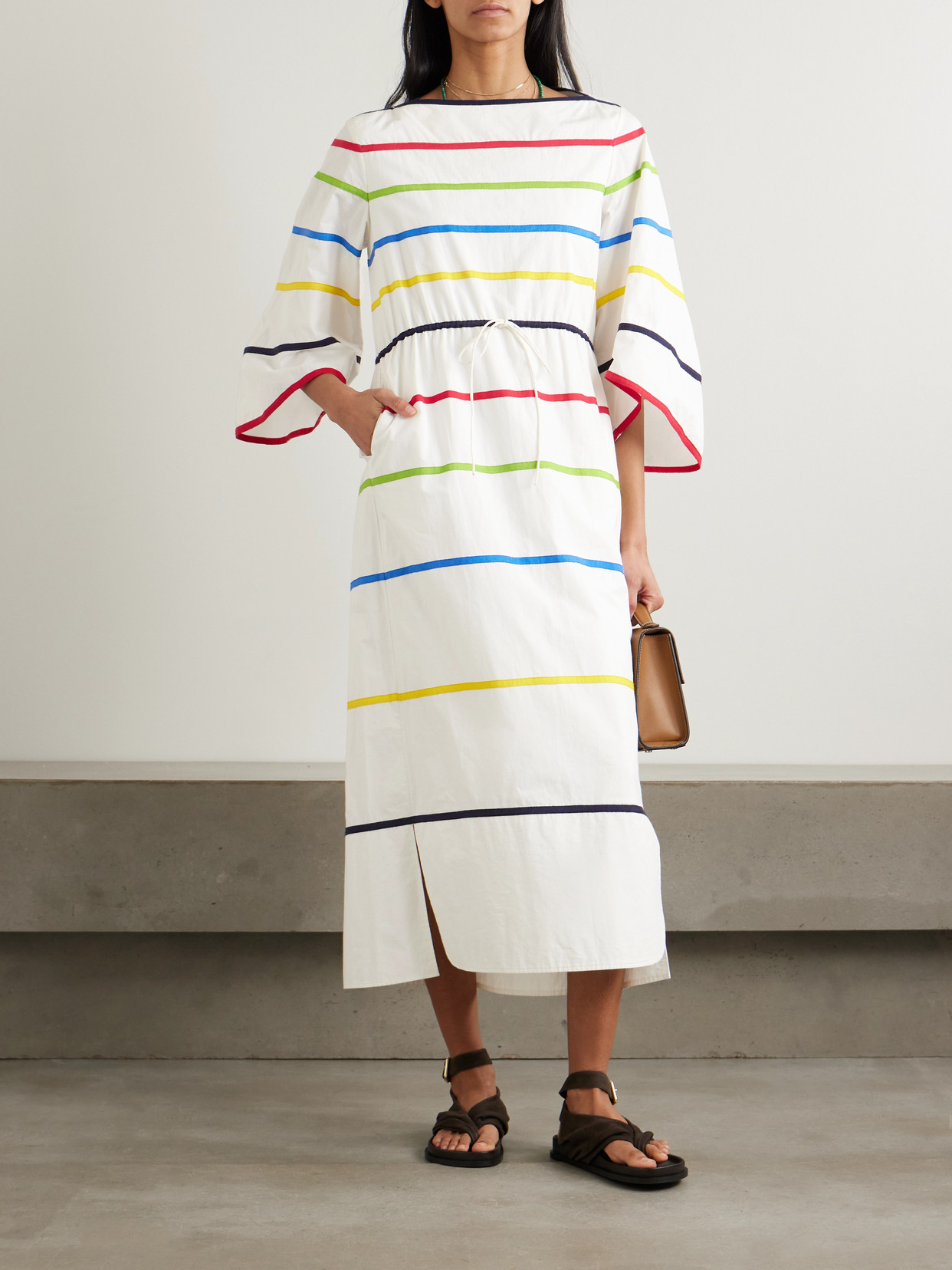 Shop Rosie Assoulin Ribbon Grosgrain-trimmed Cotton-poplin Midi Dress In White