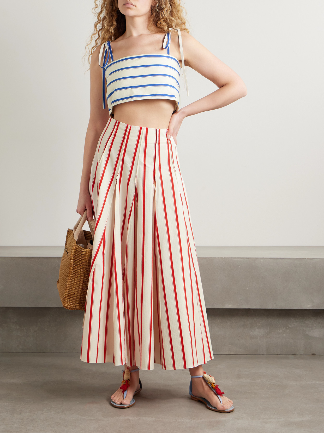 Rosie Assoulin Million Pleats Striped Herringbone Cotton-blend Maxi Skirt