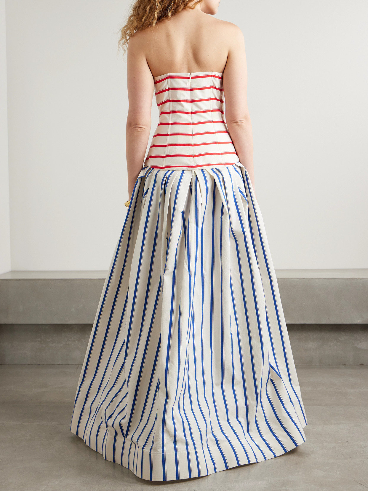 Shop Rosie Assoulin Strapless Pleated Striped Herringbone Cotton-blend Maxi Dress