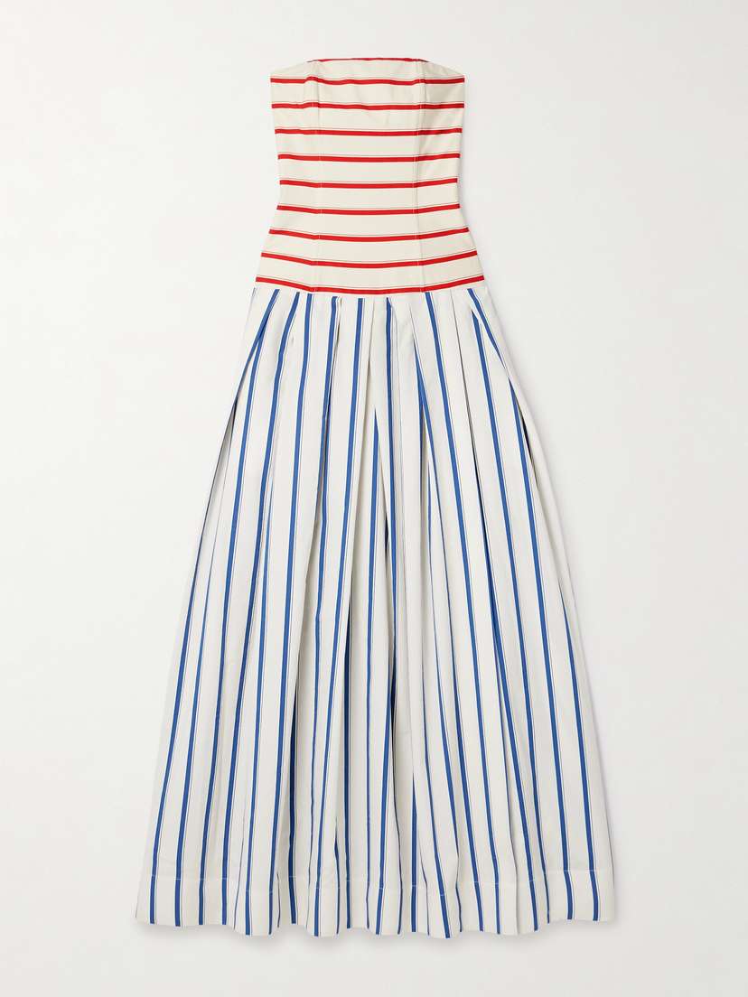 Rosie Assoulin Strapless Pleated Striped Herringbone Cotton-blend Maxi Dress
