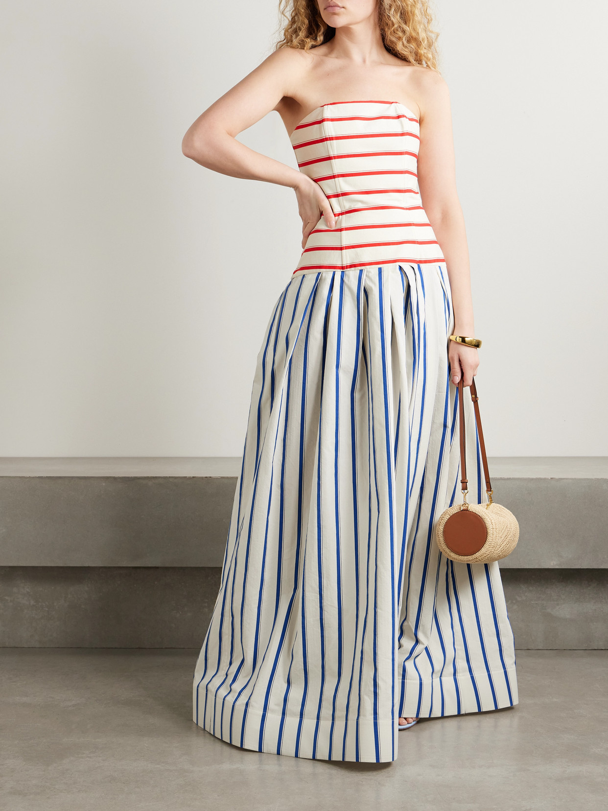 Shop Rosie Assoulin Strapless Pleated Striped Herringbone Cotton-blend Maxi Dress