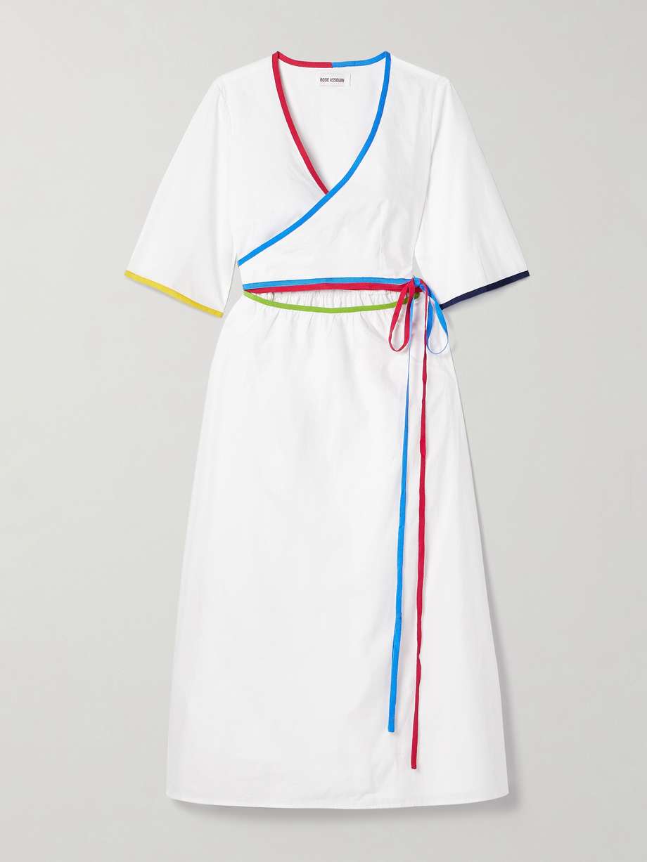 ribbon grosgrain-trimmed cotton-poplin midi wrap dress