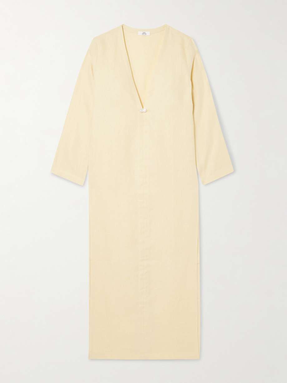 pearl-embellished linen kaftan