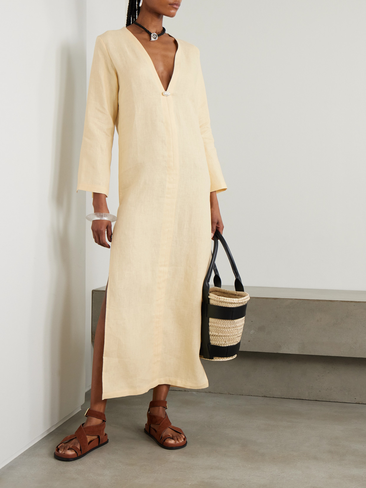 Sara Cristina Pearl-embellished Linen Kaftan In Cream
