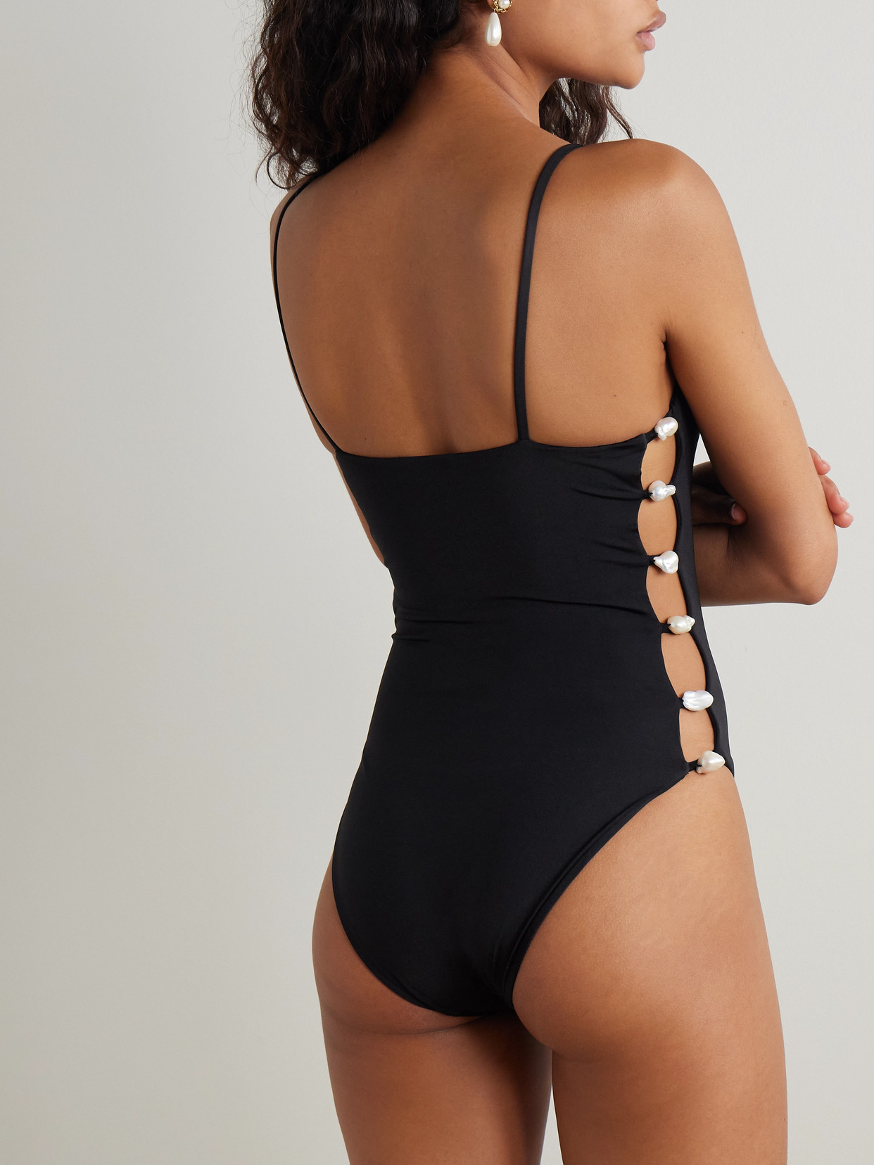 Sara Cristina Ocean Pearl-embellished Cutout Stretch-econyl® Swimsuit In Black