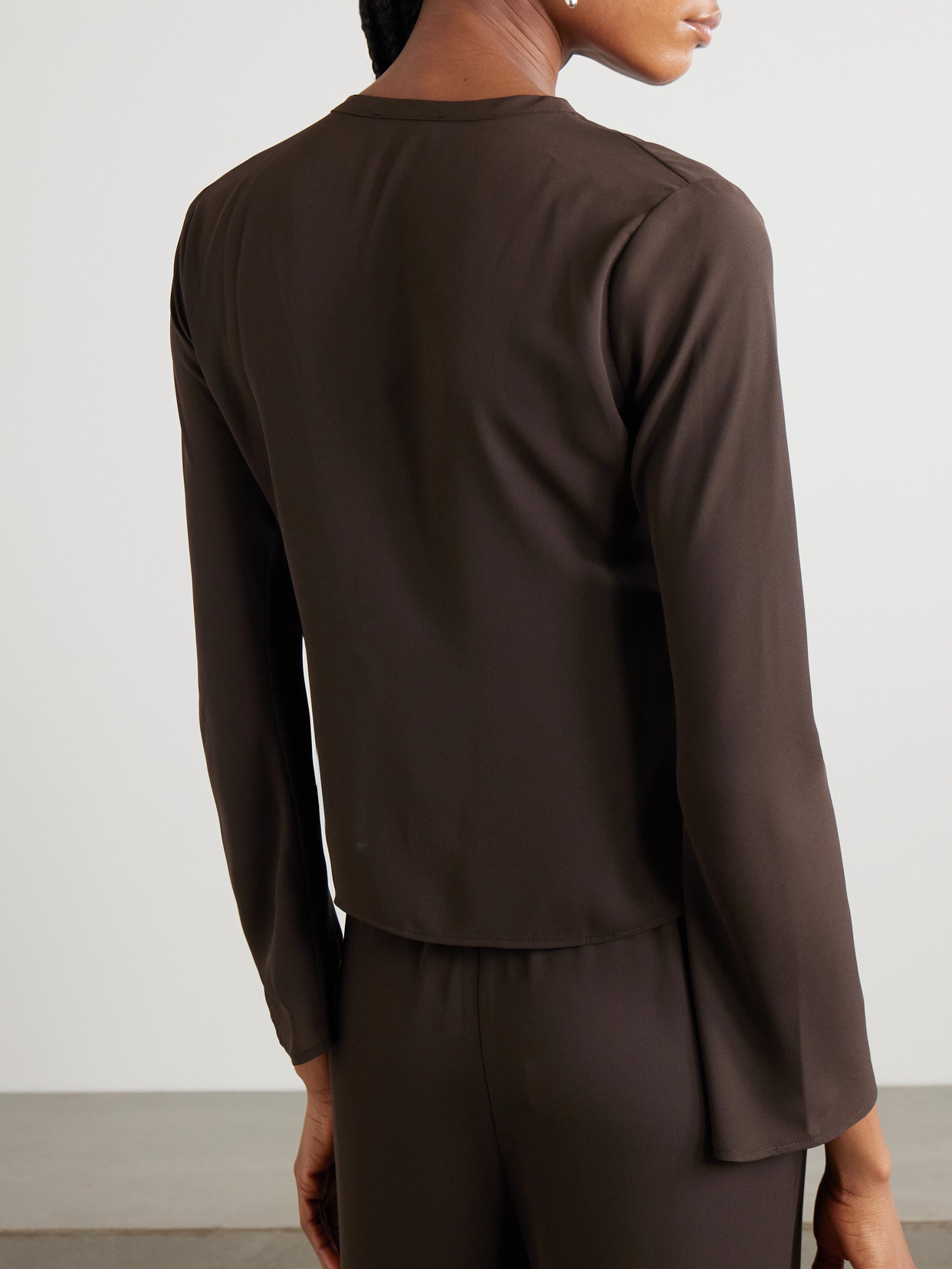 Sara Cristina Nerea Pearl-embellished Recycled Silk-georgette Top In Brown