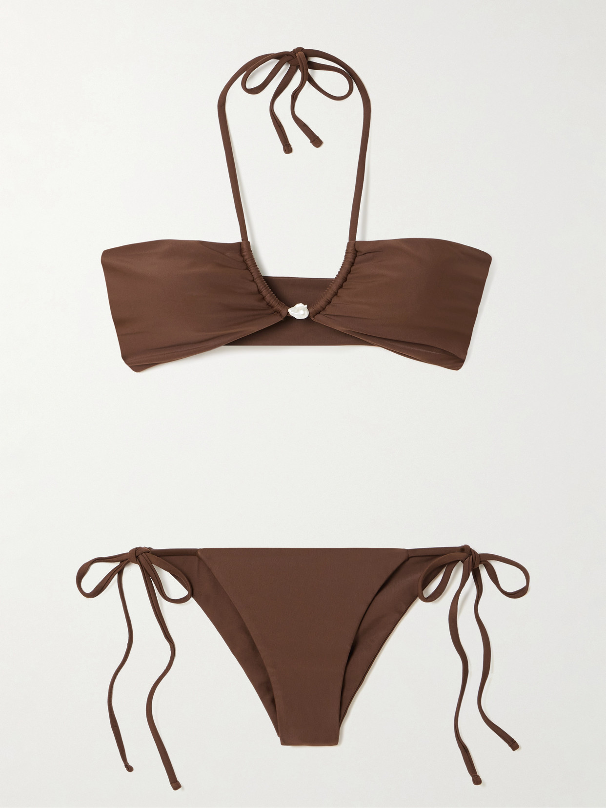 Sara Cristina Bahia Pearl-embellished Stretch-econyl® Halterneck Bikini In Brown
