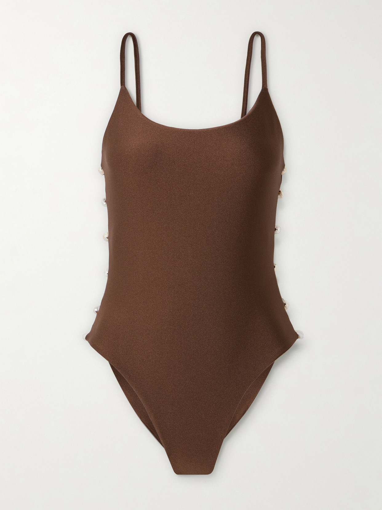 Sara Cristina Ocean Pearl-embellished Cutout Stretch-econyl® Swimsuit In Brown