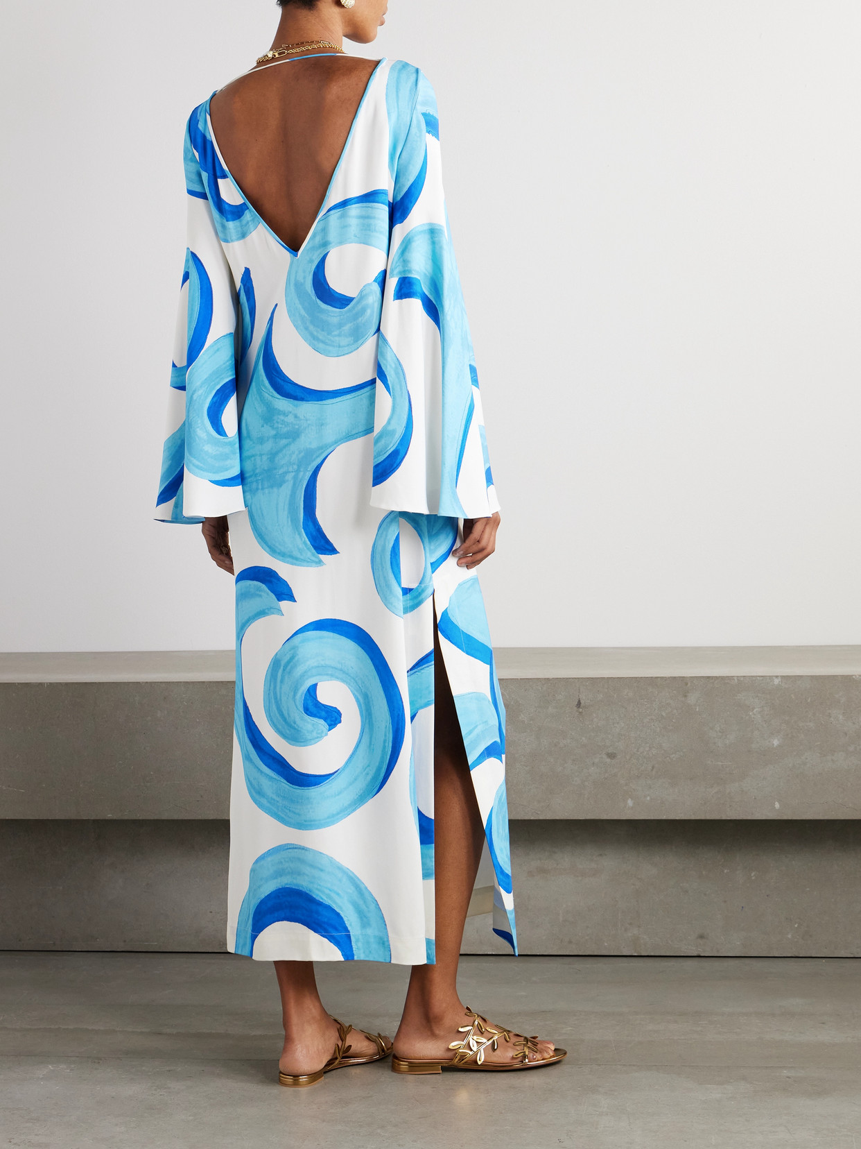 Themis Z Urania Open-back Long Silk Caftan In Blue