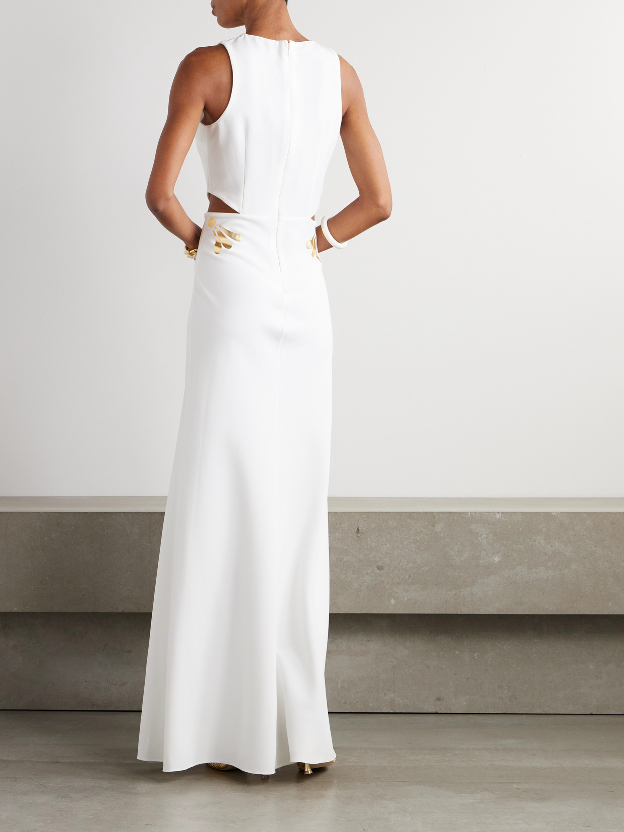 Themis Z Kallos Cutout Printed Crepe Maxi Dress In White