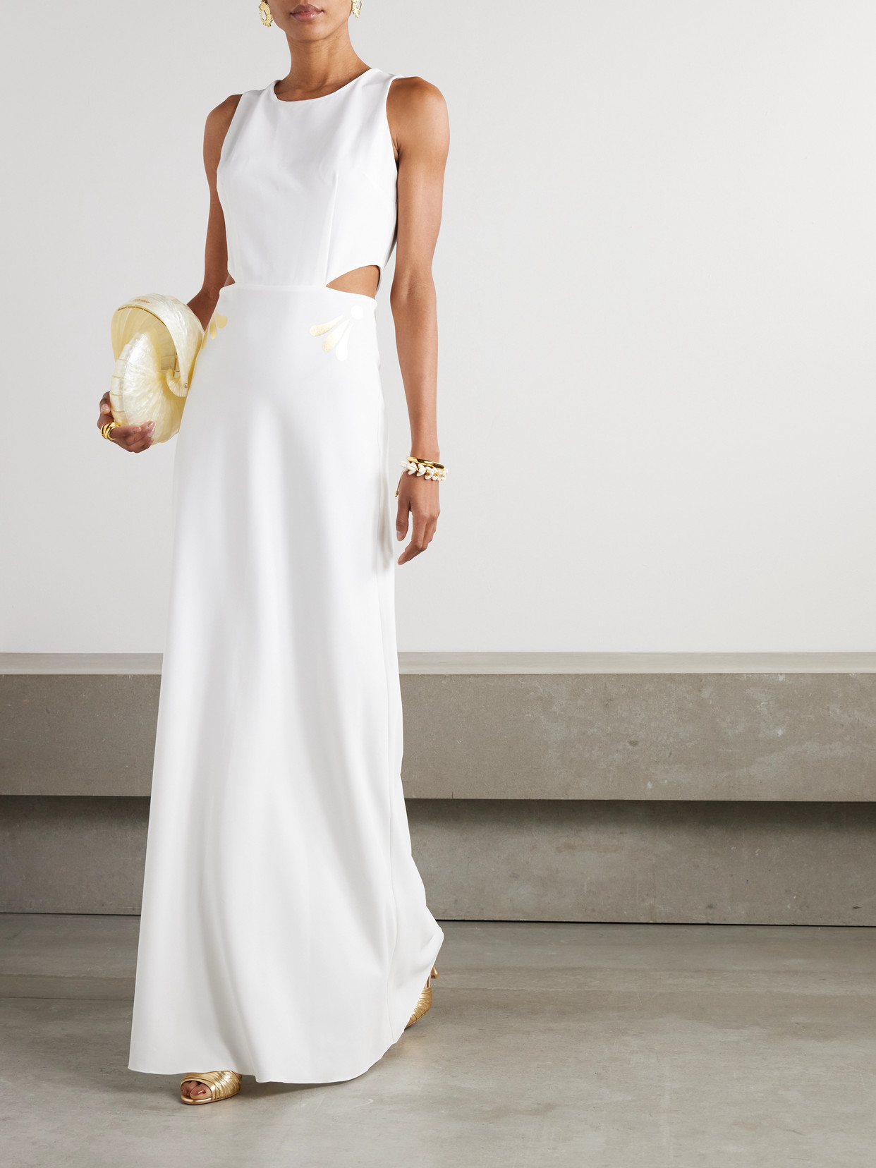 Themis Z Kallos Cutout Printed Crepe Maxi Dress In White