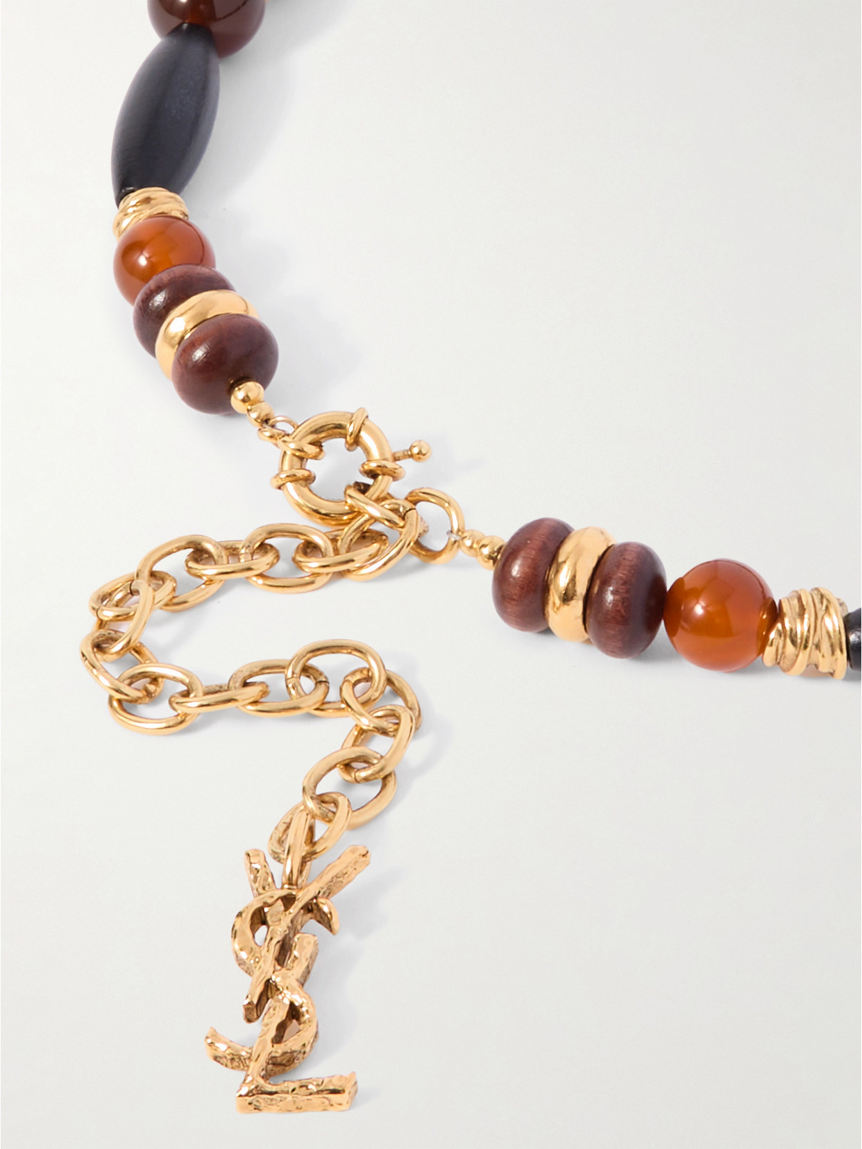 Saint Laurent Gold-tone Resin Beaded Necklace In Brown