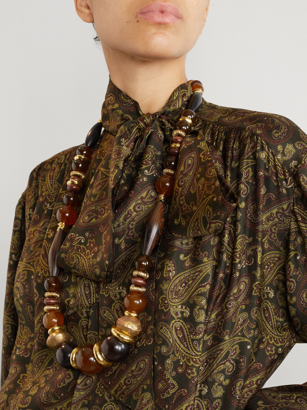 Saint Laurent Gold-tone Resin Beaded Necklace In Brown