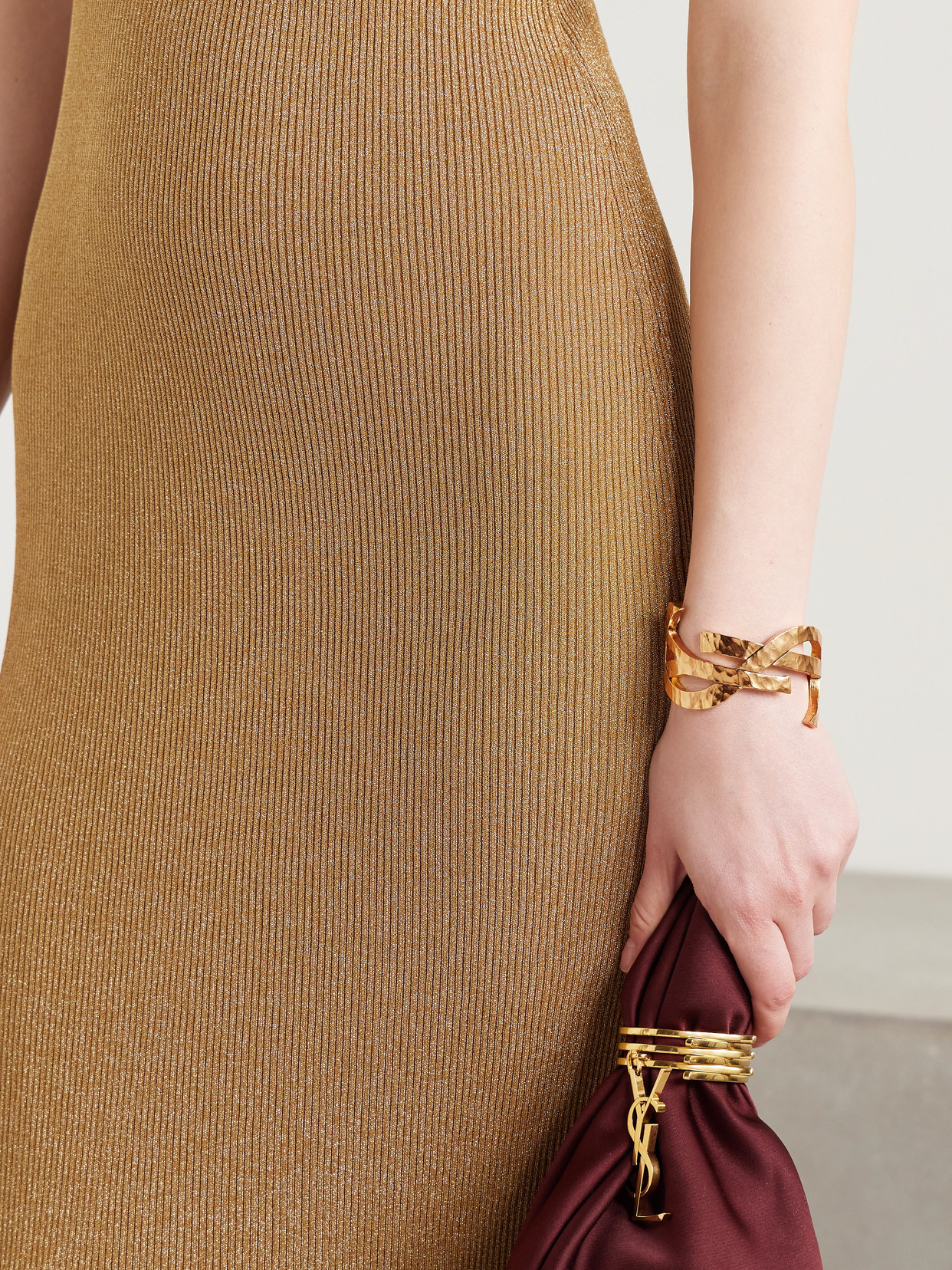 Saint Laurent Cassandre Hammered Gold-tone Cuff