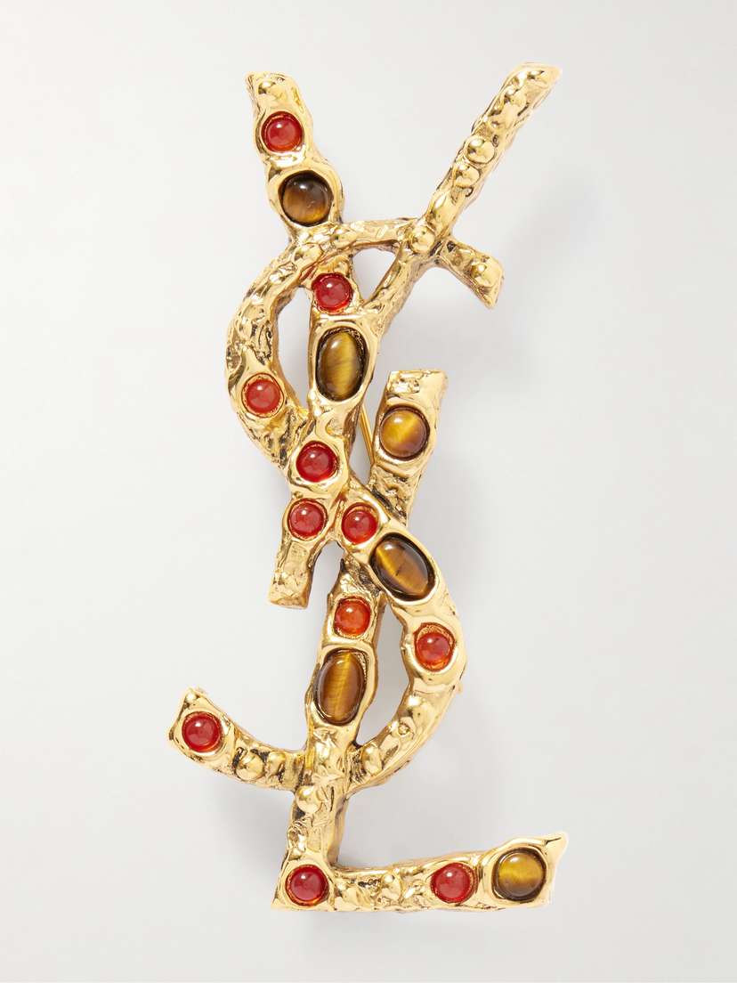 Saint Laurent Cassandre Gold-tone Tiger's Eye And Sunstone Brooch