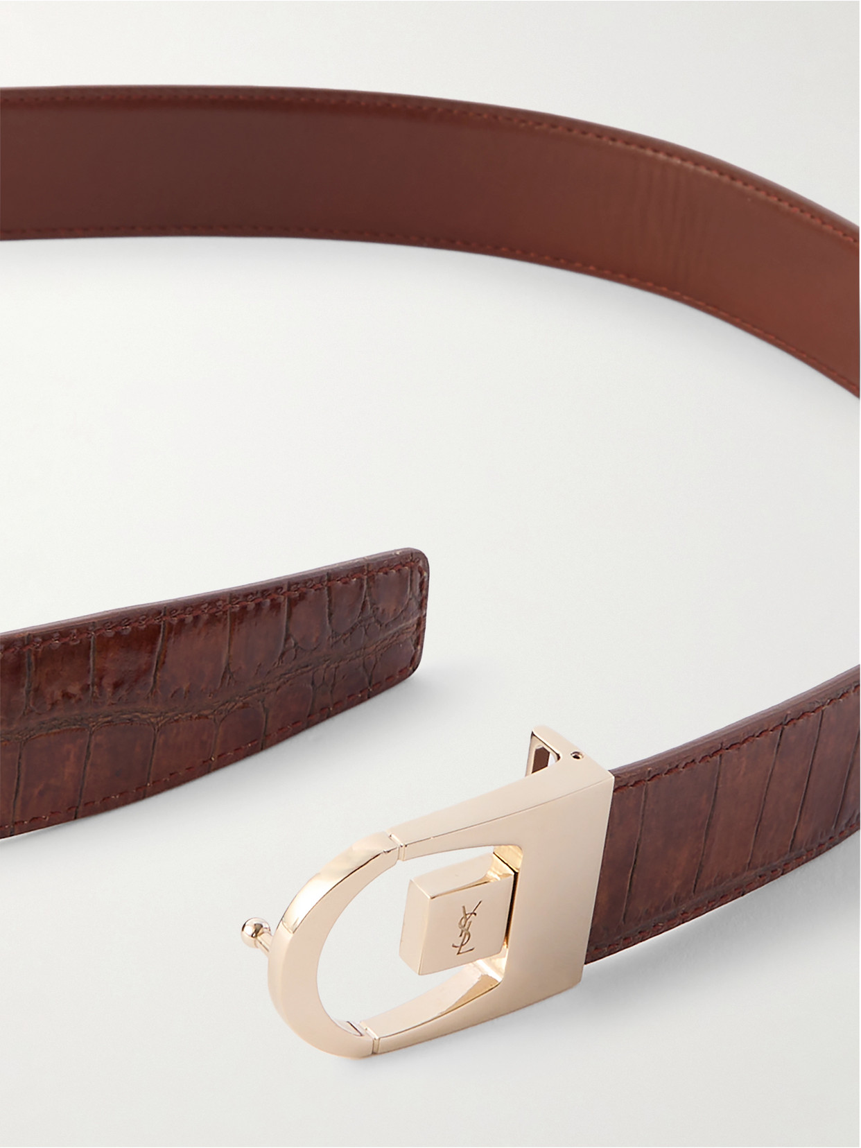 Saint Laurent Reversible Croc-effect Leather Belt In Brown