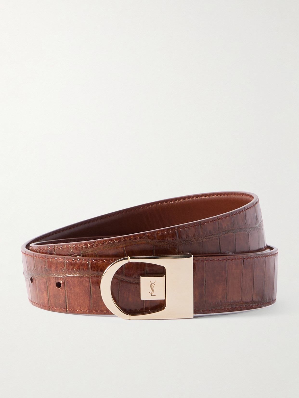 SAINT LAURENT - Croc-effect Leather Belt - Brown