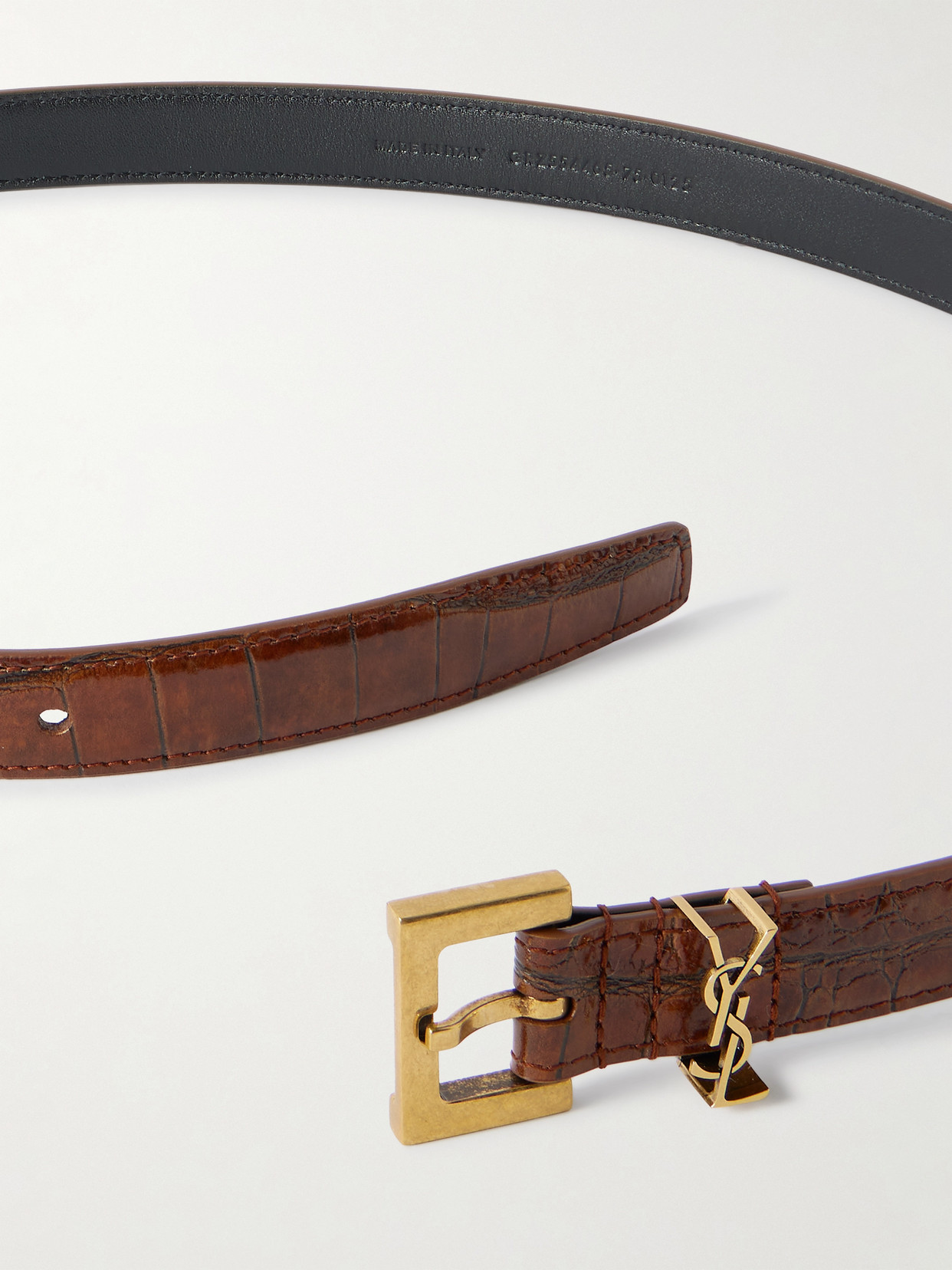 Saint Laurent Cassandre Croc-effect Leather Belt In Brown