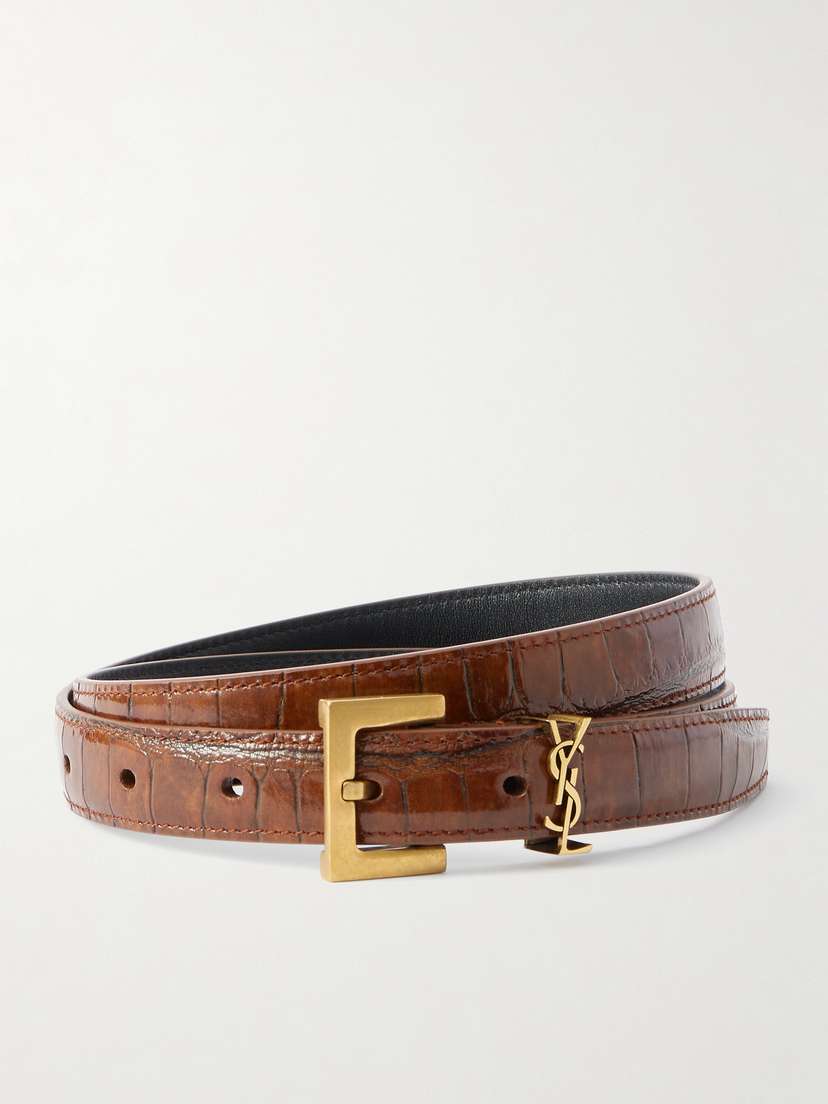 Saint Laurent Cassandre Croc-effect Leather Belt