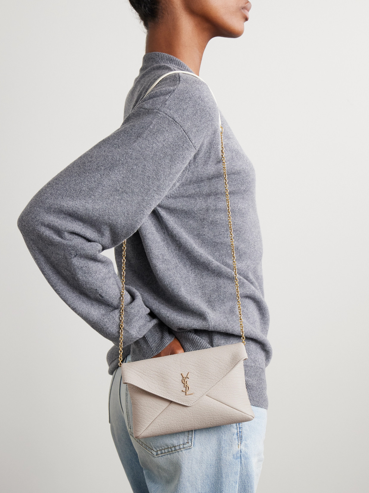 Saint Laurent Cassandre Mini Textured-leather Shoulder Bag In Cream