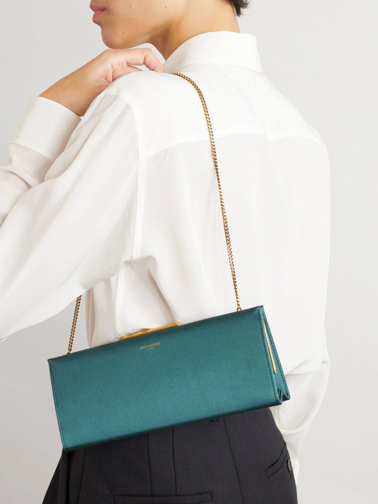 Saint Laurent Midnight Small Satin Clutch In Green