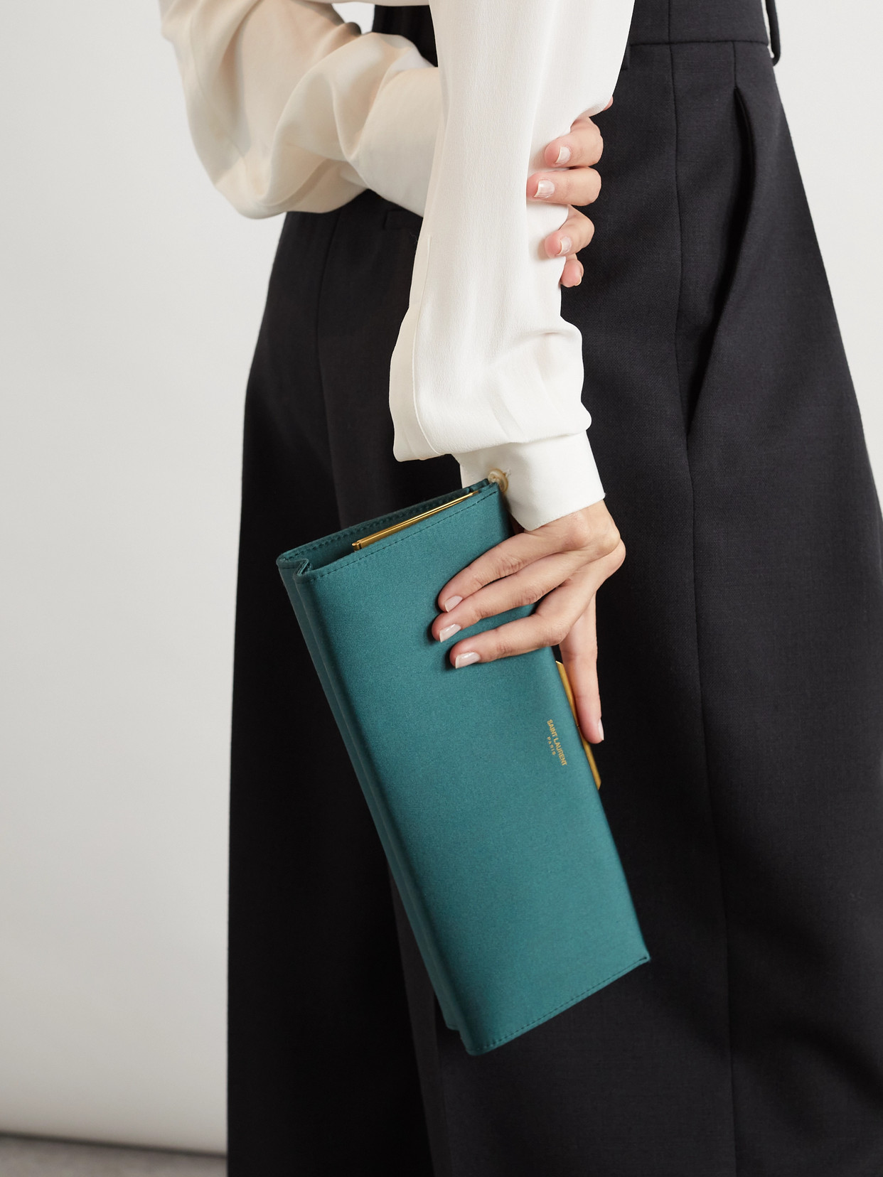 Saint Laurent Midnight Small Satin Clutch In Green