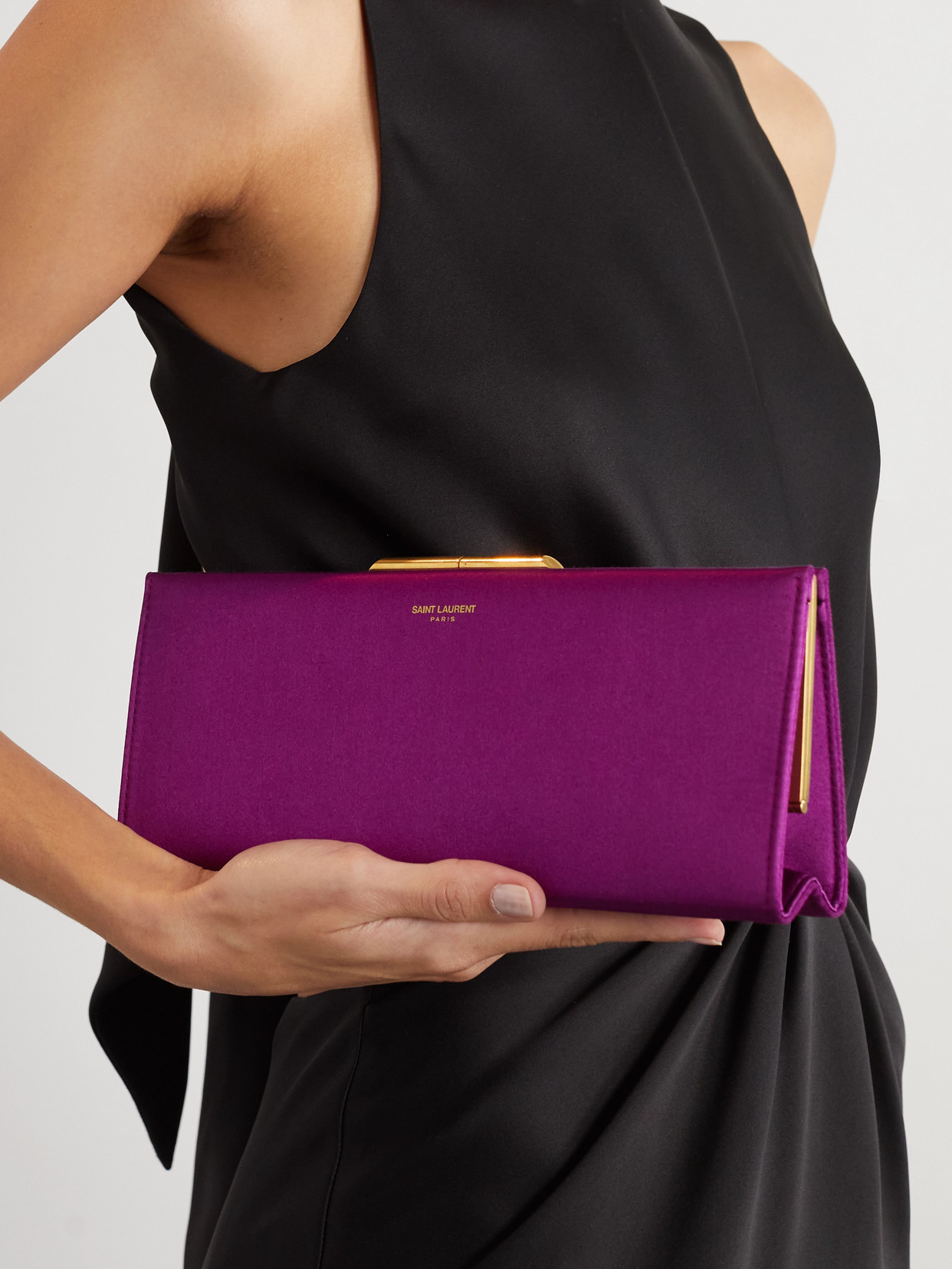 Saint Laurent Midnight Small Satin Clutch In Purple