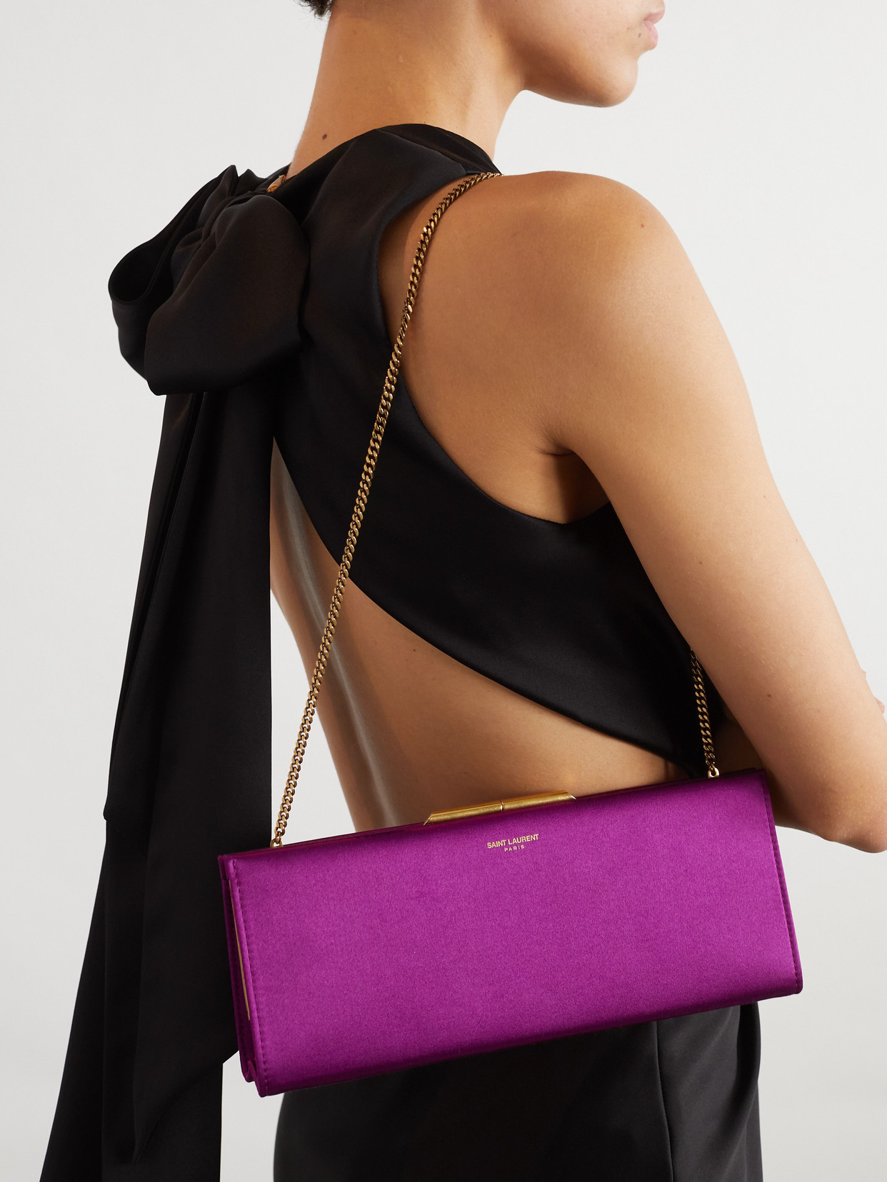 Saint Laurent Midnight Small Satin Clutch In Purple