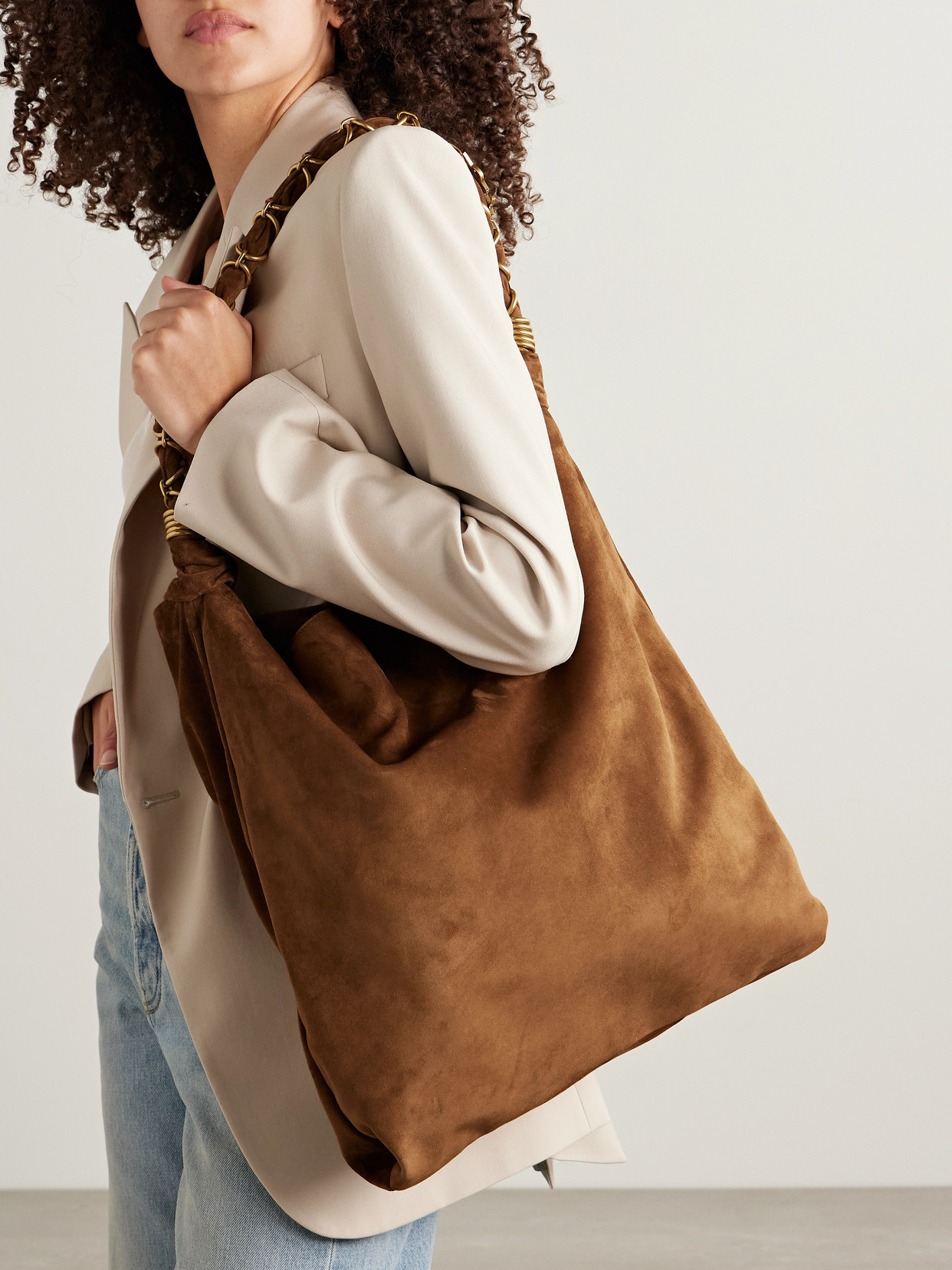 Saint Laurent Amalia Embellished Suede Shoulder Bag In Brown