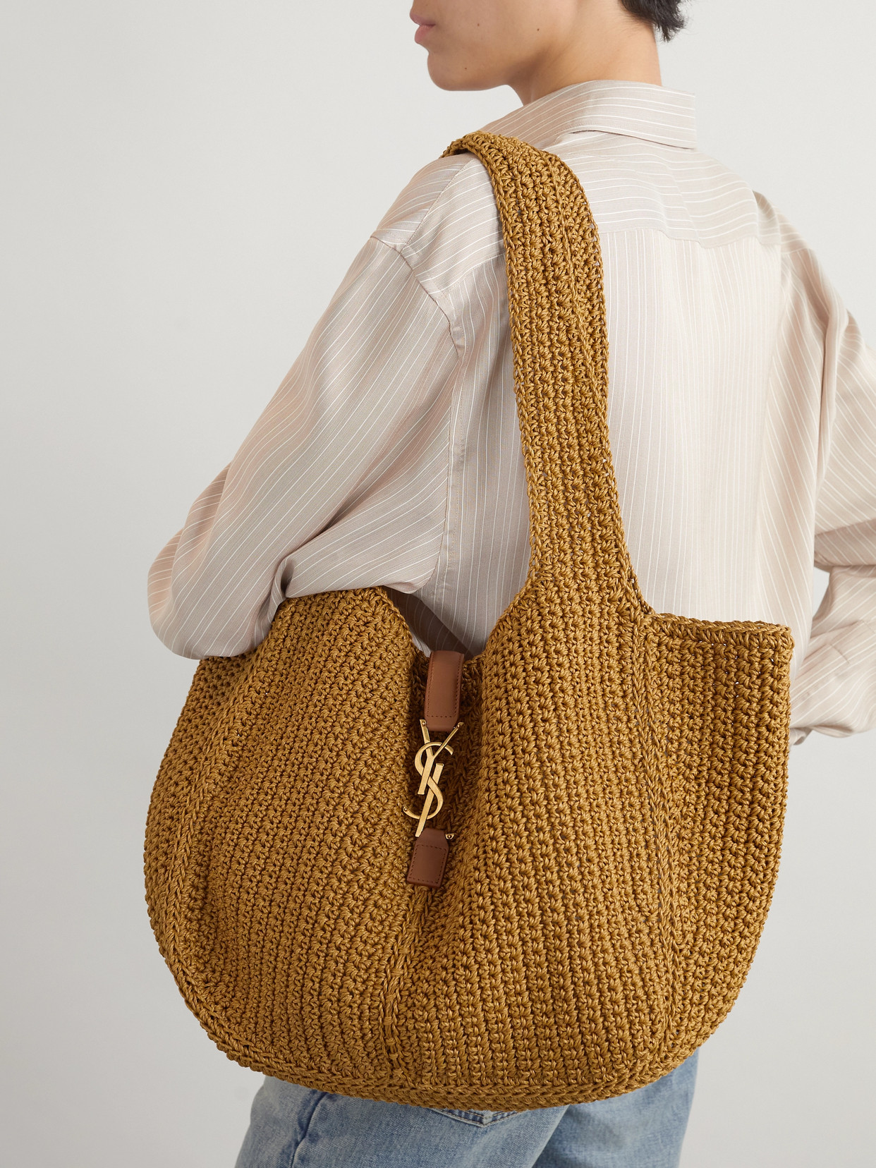Saint Laurent Le 5 À 7 Bea Medium Leather-trimmed Raffia Tote